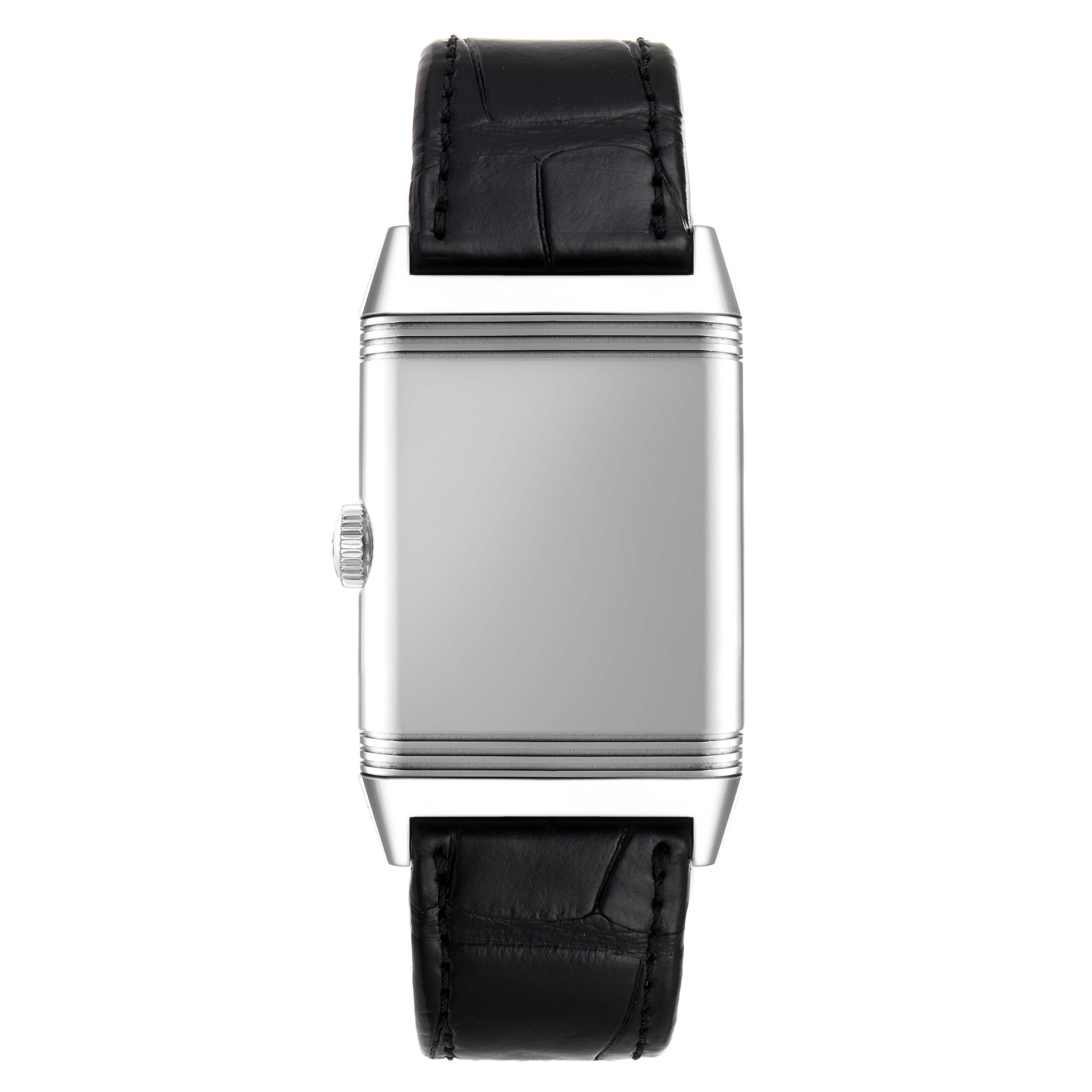 The image shows a front view of the Jaeger-LeCoultre Reverso watch, featuring its case and leather strap.