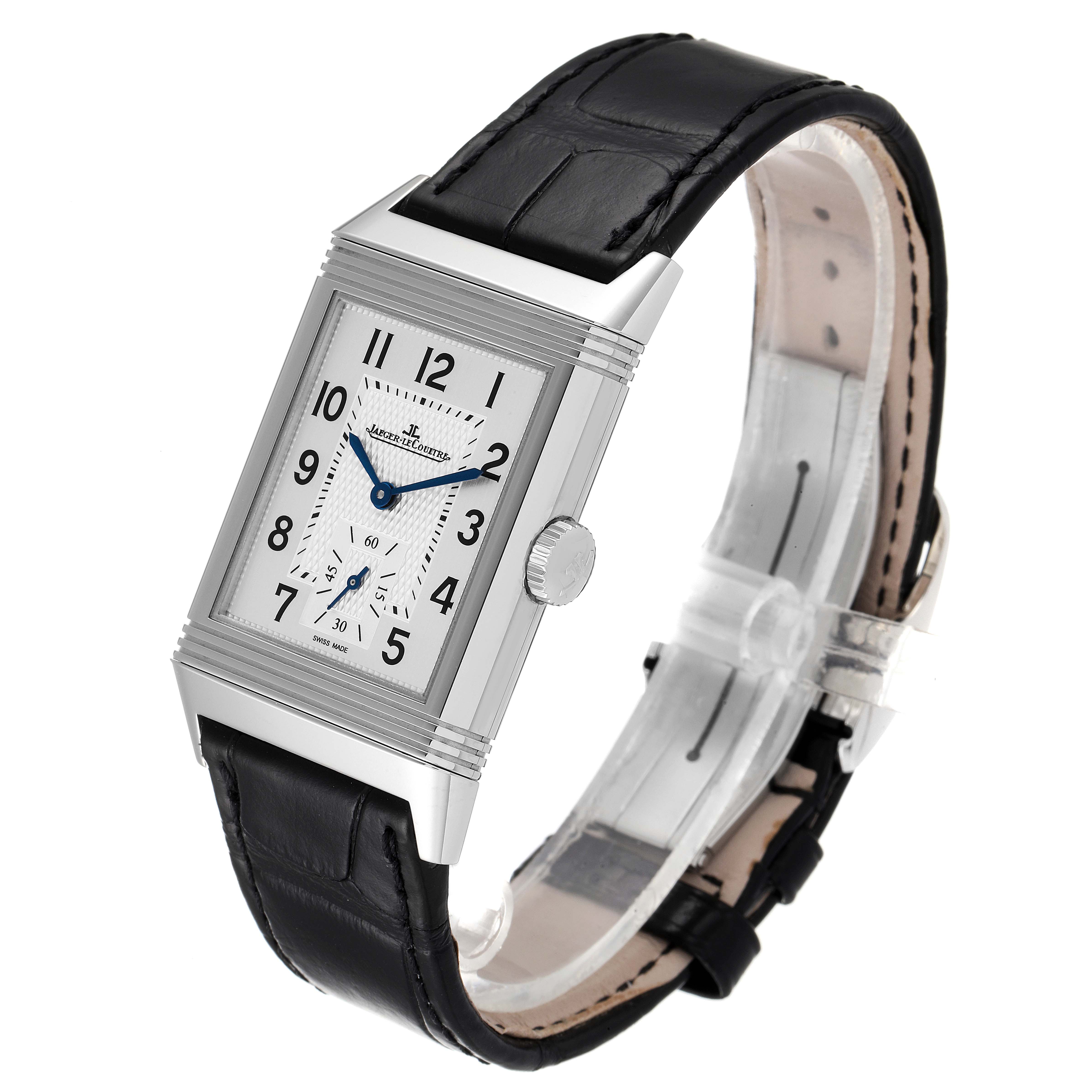 This image shows a Jaeger-LeCoultre Reverso watch from an angled side view, displaying the face, case, crown, and leather strap.