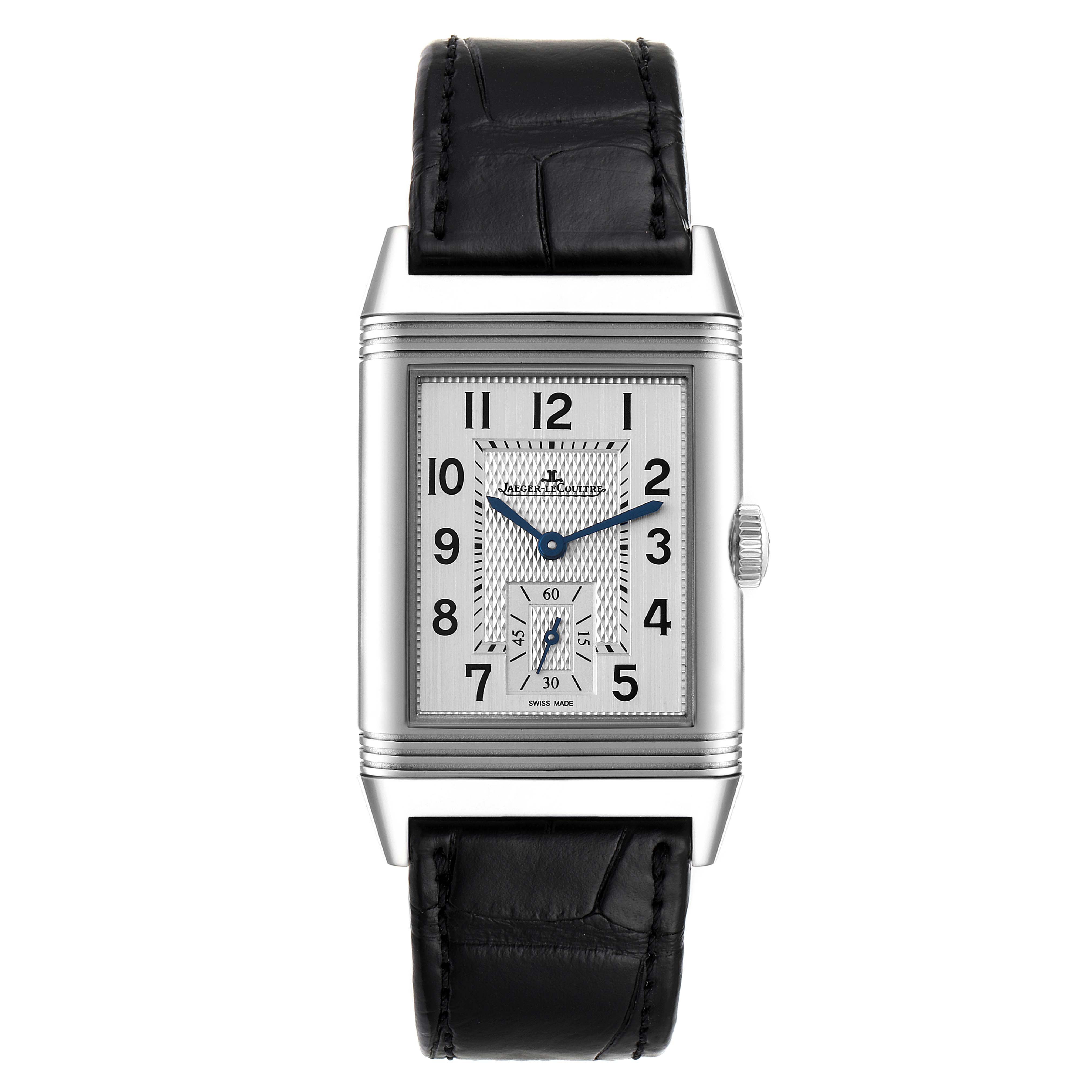 This is a frontal view of the Jaeger-LeCoultre Reverso watch showcasing its face, dial, hands, and leather strap.
