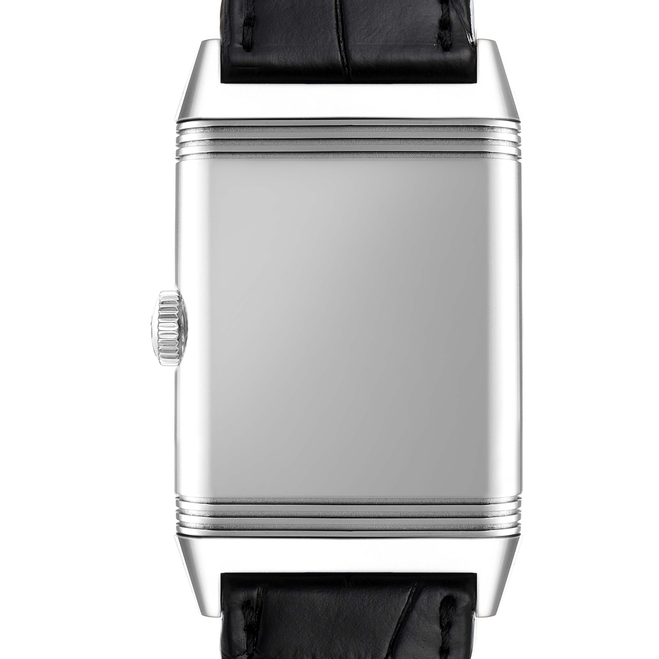 This image shows a front view of the case of a Jaeger LeCoultre Reverso Q3858520 Men's Stainless Steel Silver Dial Q3858520 Men's Stainless Steel Silver Dial watch, including the crown and leather strap.