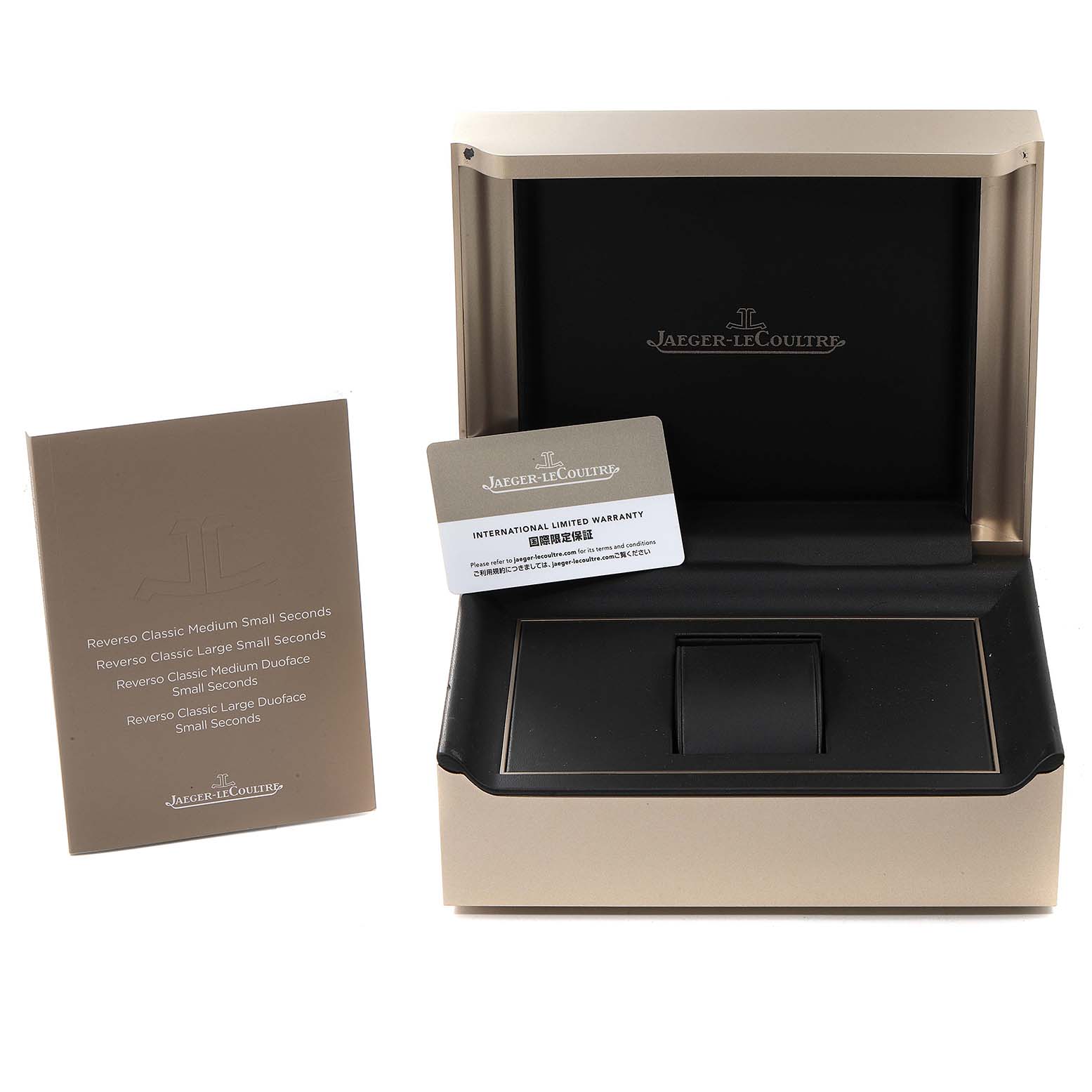 This image shows a Jaeger LeCoultre Reverso Q3858520 Men's Stainless Steel Silver Dial Q3858520 Men's Stainless Steel Silver Dial watch box, warranty card, and user manual from a front angle.