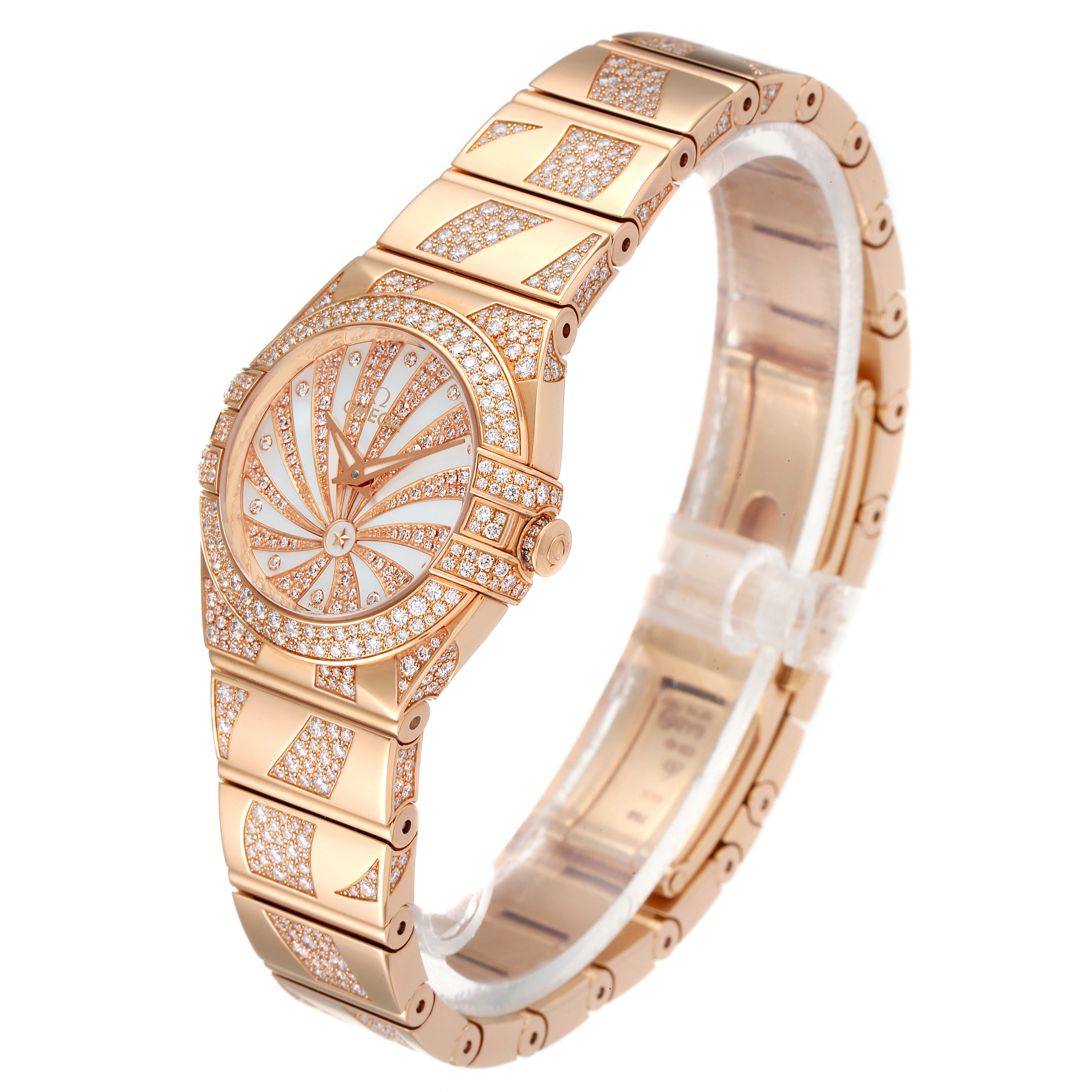 The image shows a side angle view of the Omega 123.55.24.60.55.011 Women's Rose Gold Mother of Pearl Dial 123.55.24.60.55.011 Women's Rose Gold Mother of Pearl Dial Constellation Diamanten Rose Gold Diamond Ladies Watch model 123.55.24.60.55.011.