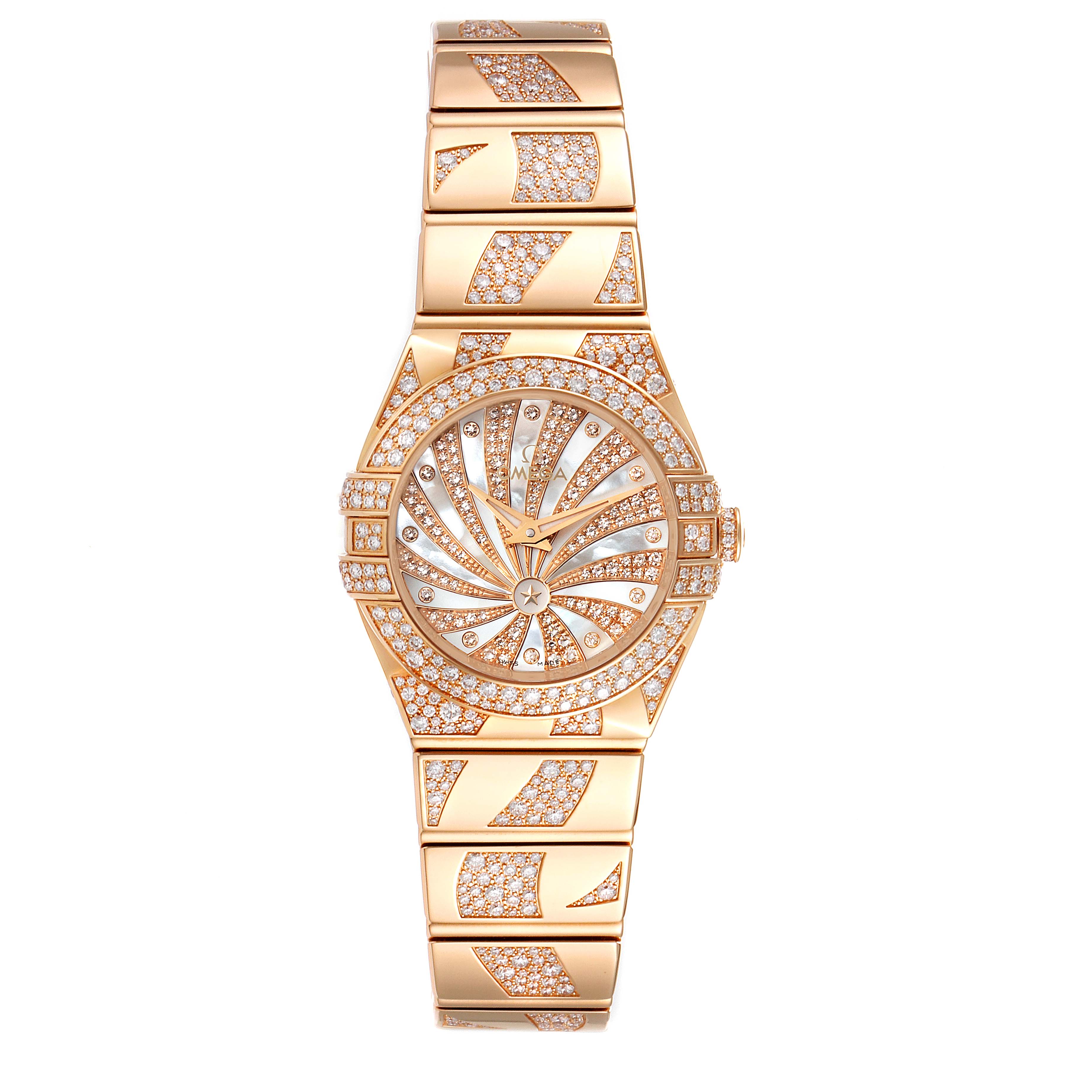 The image shows a front view of an Omega 123.55.24.60.55.011 Women's Rose Gold Mother of Pearl Dial 123.55.24.60.55.011 Women's Rose Gold Mother of Pearl Dial Constellation Diamanten Rose Gold Diamond Ladies Watch, model 123.55.24.60.55.011.