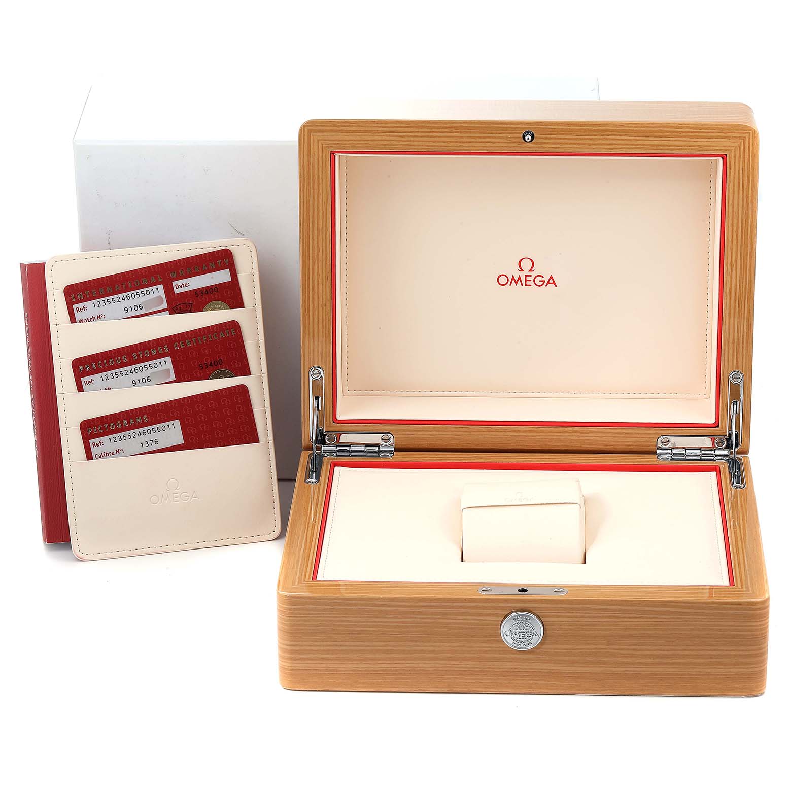 The image shows the open box and warranty cards for the Omega 123.55.24.60.55.011 Women's Rose Gold Mother of Pearl Dial 123.55.24.60.55.011 Women's Rose Gold Mother of Pearl Dial Constellation Diamanten Rose Gold Diamond Ladies Watch 123.55.24.60.55.011 Unworn model.