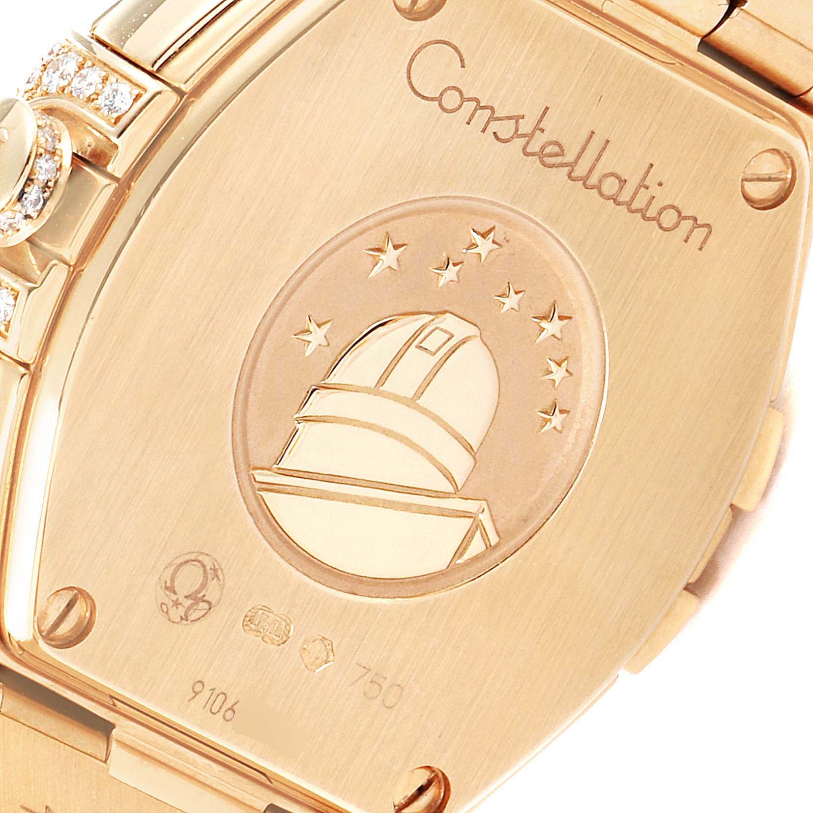 The image shows the case back of the Omega 123.55.24.60.55.011 Women's Rose Gold Mother of Pearl Dial 123.55.24.60.55.011 Women's Rose Gold Mother of Pearl Dial Constellation Diamanten Rose Gold Diamond Ladies Watch 123.55.24.60.55.011.