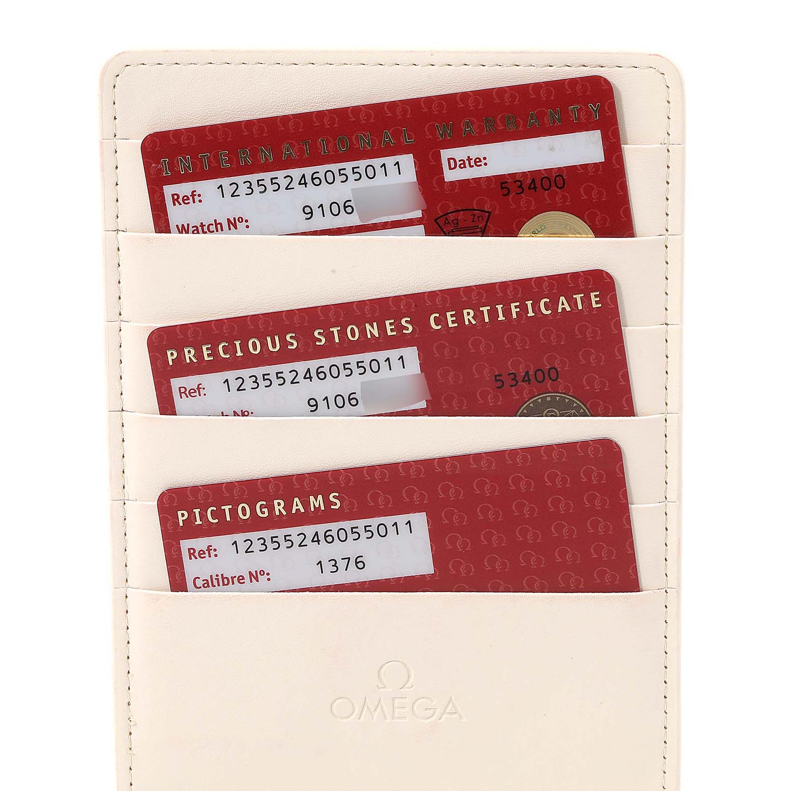 The image shows the certification cards, including the international warranty, precious stones certificate, and pictograms, for the Omega 123.55.24.60.55.011 Women's Rose Gold Mother of Pearl Dial 123.55.24.60.55.011 Women's Rose Gold Mother of Pearl Dial Constellation Diamanten Rose Gold Diamond Ladies Watch 123.55.24.60.55.011.