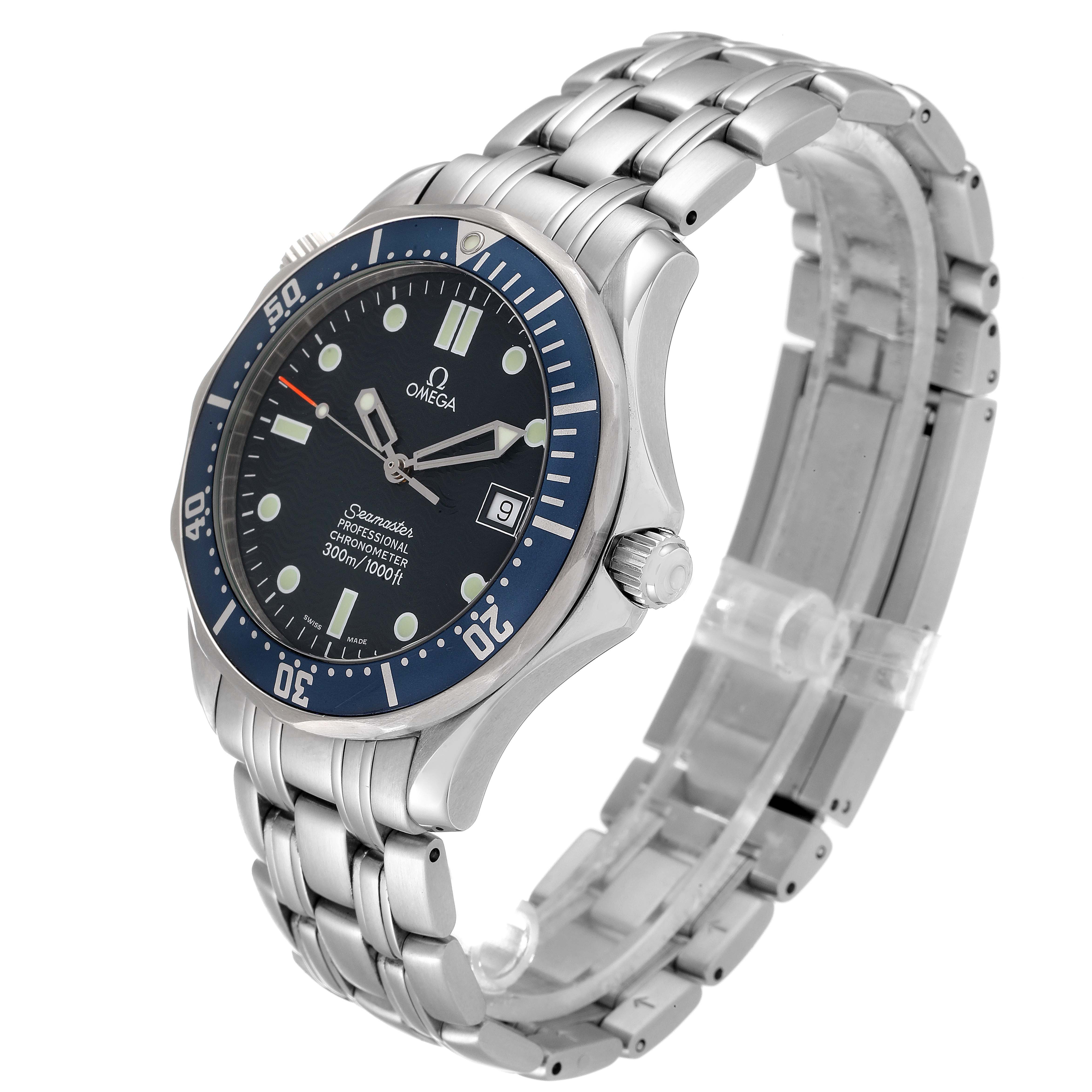 This image shows the Omega Seamaster 2531.80.00 Men's Stainless Steel Blue Dial 2531.80.00 Men's Stainless Steel Blue Dial watch from a three-quarter angle, highlighting its face, bezel, crown, and metal bracelet.