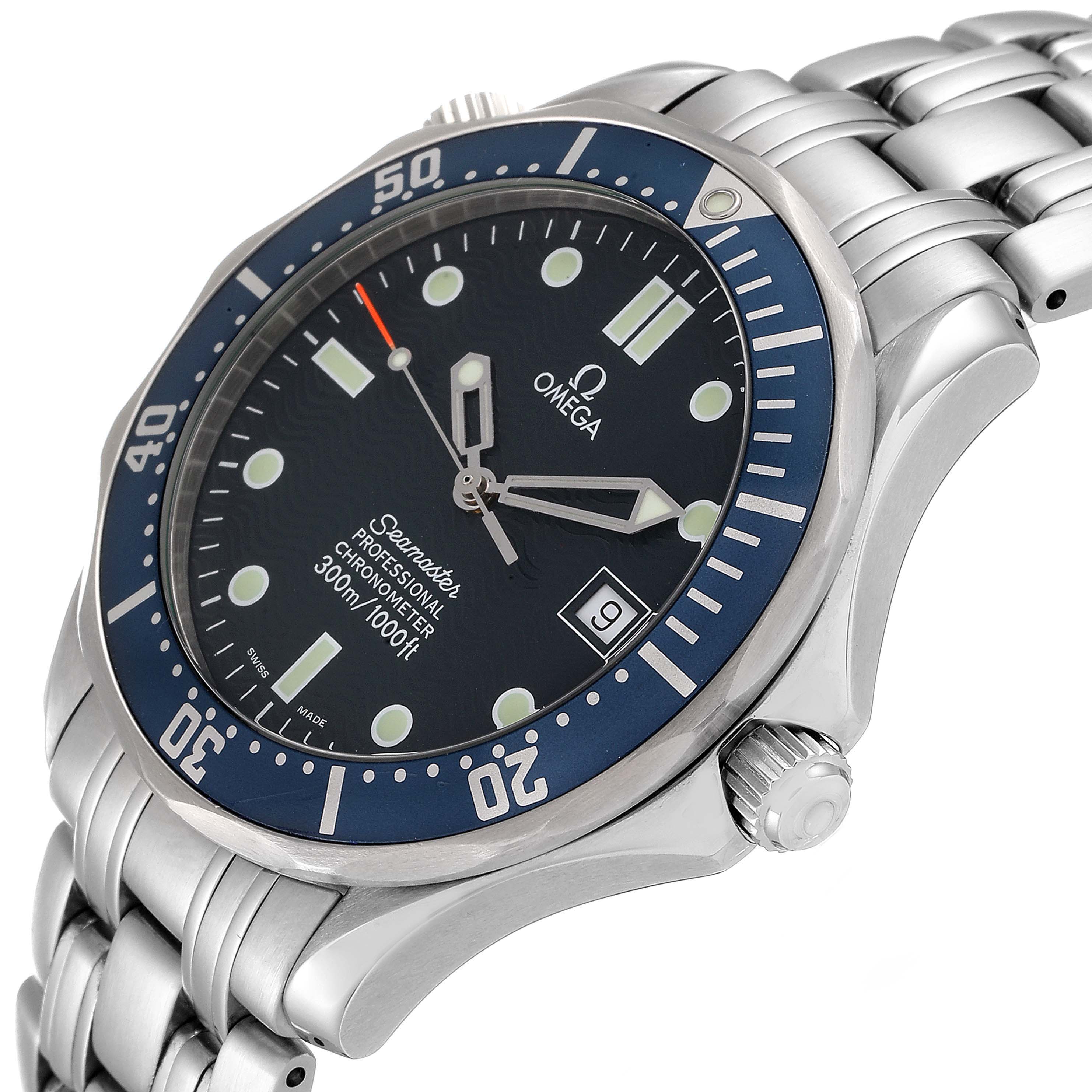 The image shows a side angle view of the Omega Seamaster 2531.80.00 Men's Stainless Steel Blue Dial 2531.80.00 Men's Stainless Steel Blue Dial watch, displaying the face, bezel, crown, and part of the metal bracelet.