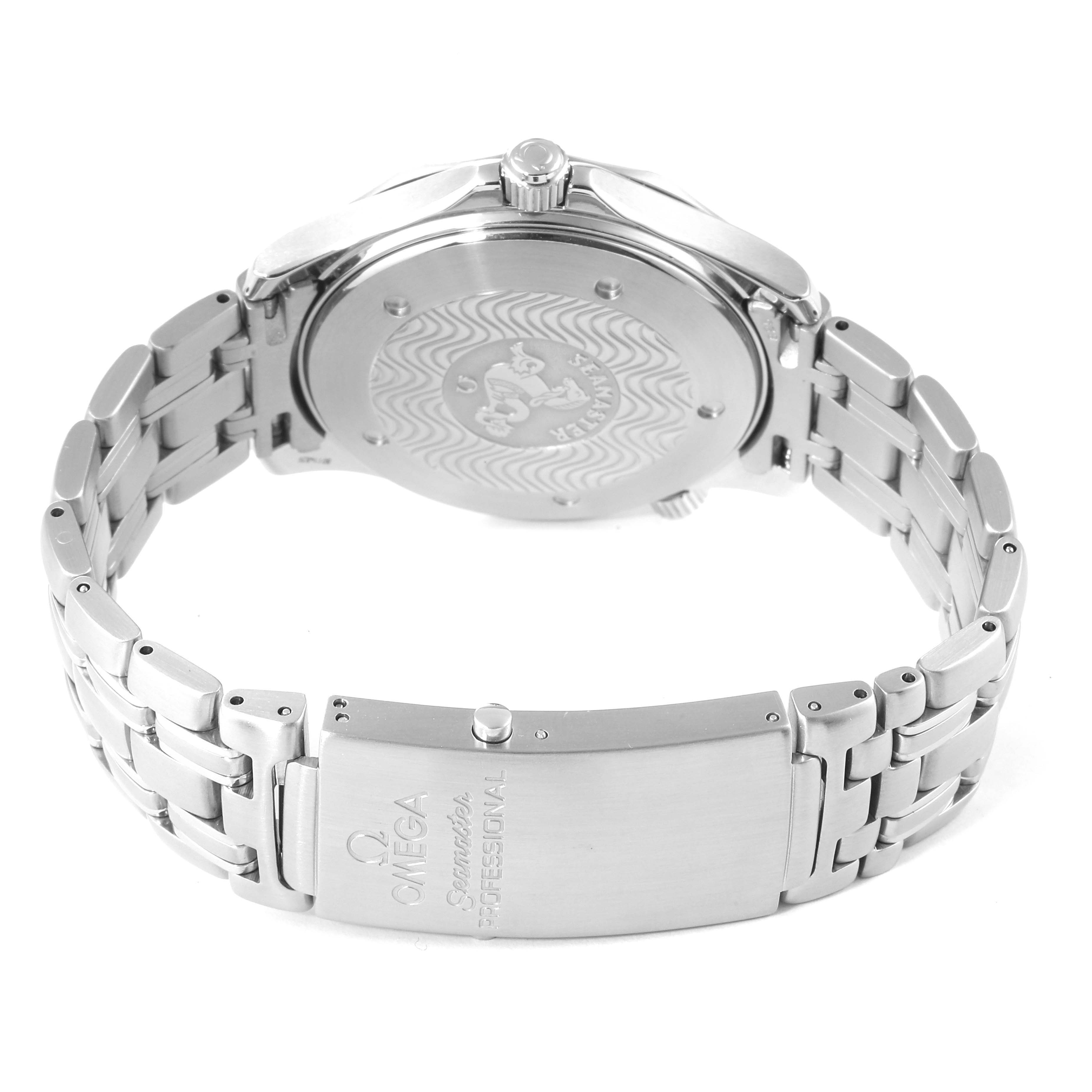 The image shows the back case and bracelet of an Omega Seamaster 2531.80.00 Men's Stainless Steel Blue Dial 2531.80.00 Men's Stainless Steel Blue Dial watch from a rear angle.