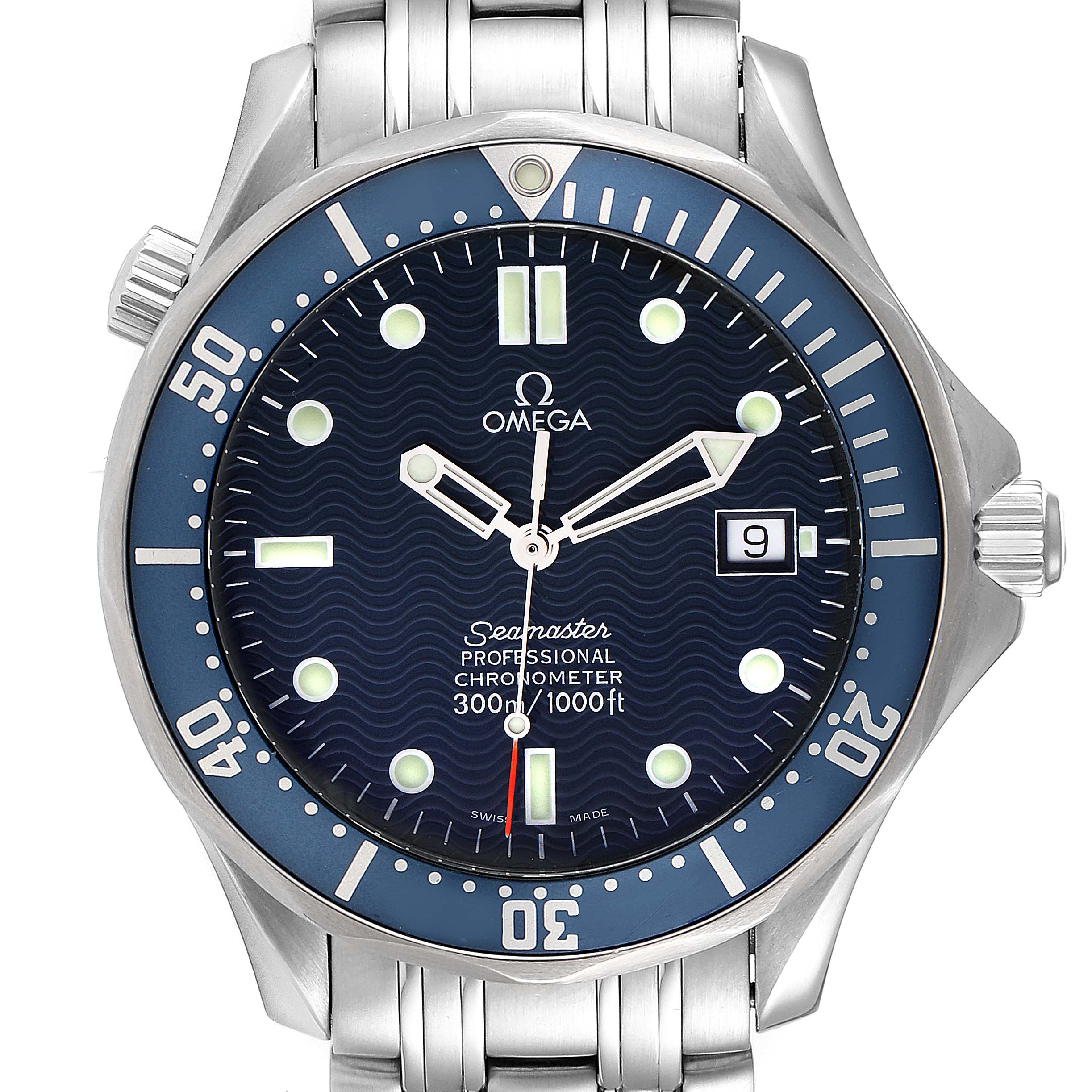 The Omega Seamaster 2531.80.00 Men's Stainless Steel Blue Dial 2531.80.00 Men's Stainless Steel Blue Dial watch is shown from the front, displaying its blue dial, bezel, hour markers, and metal bracelet.