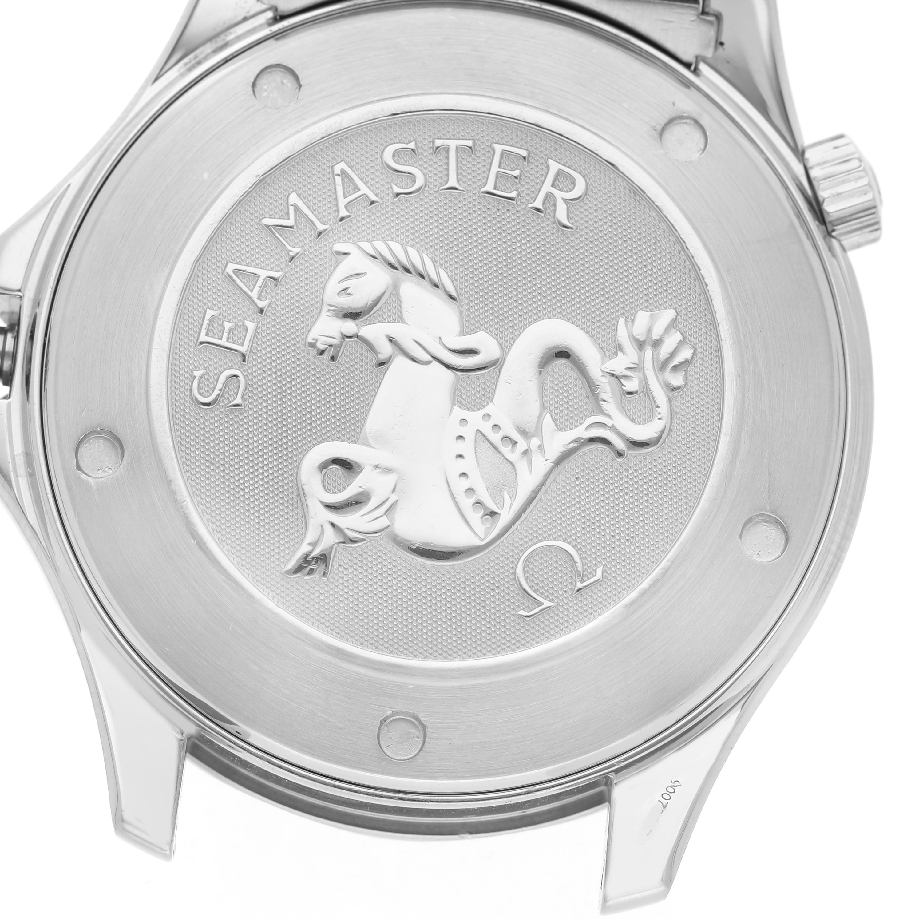 The image shows the back of an Omega Seamaster 2221.80.00 Men's Stainless Steel Blue Dial watch, featuring the brand's logo and emblem.