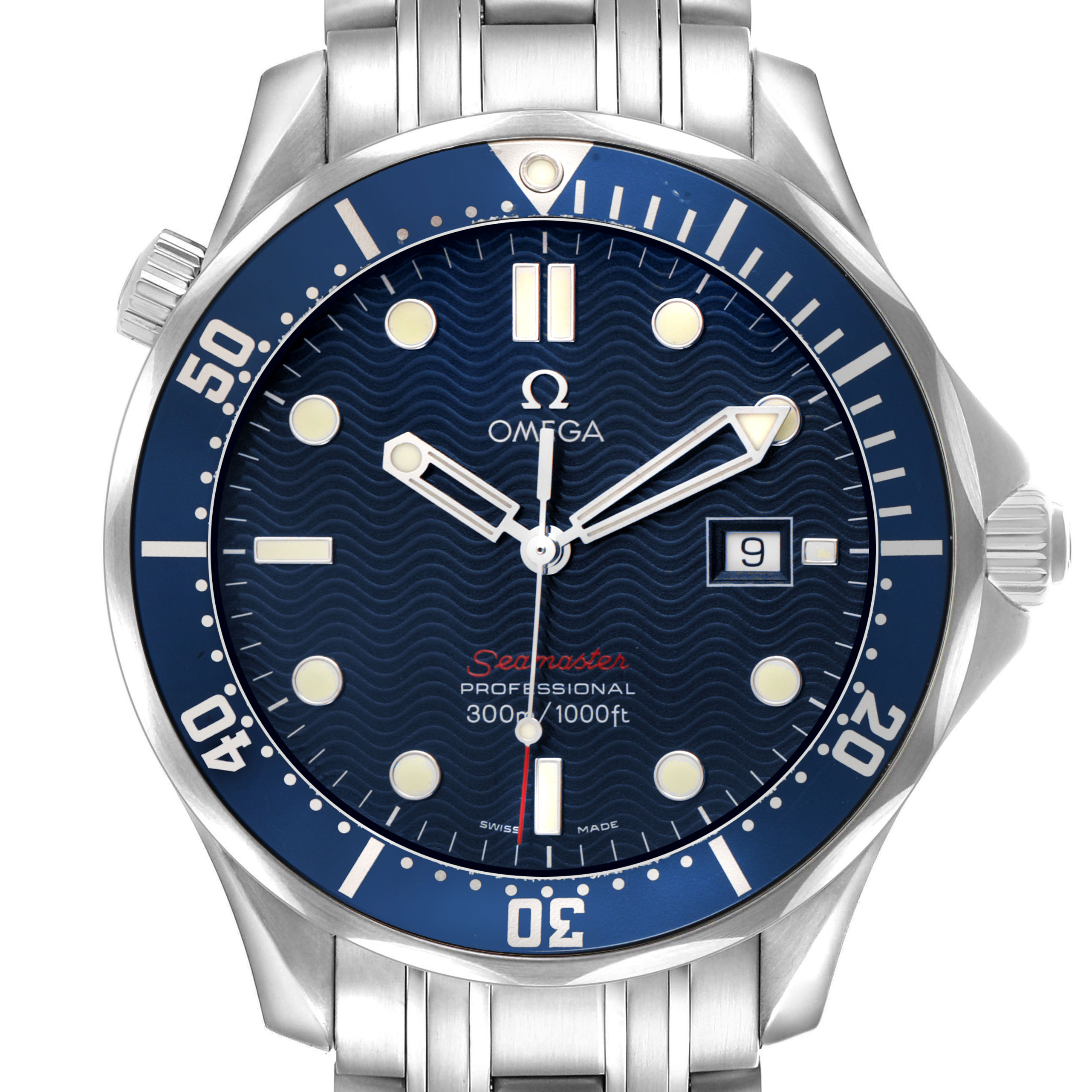 The Omega Seamaster 2221.80.00 Men's Stainless Steel Blue Dial watch is shown from the front, displaying the dial, hands, bezel, and bracelet.
