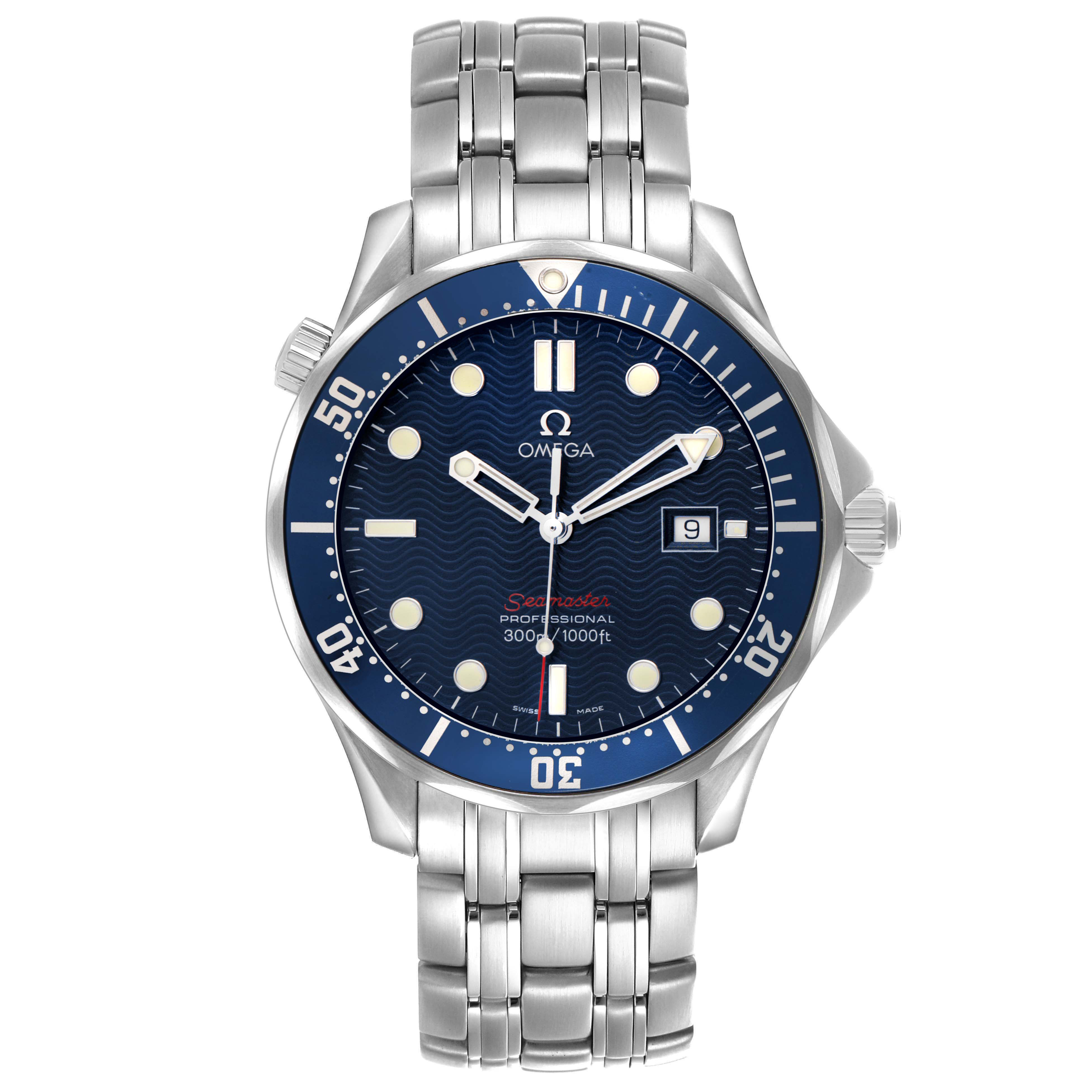 The Omega Seamaster 2221.80.00 Men's Stainless Steel Blue Dial watch is shown from a frontal angle, displaying its dial, bezel, and bracelet.