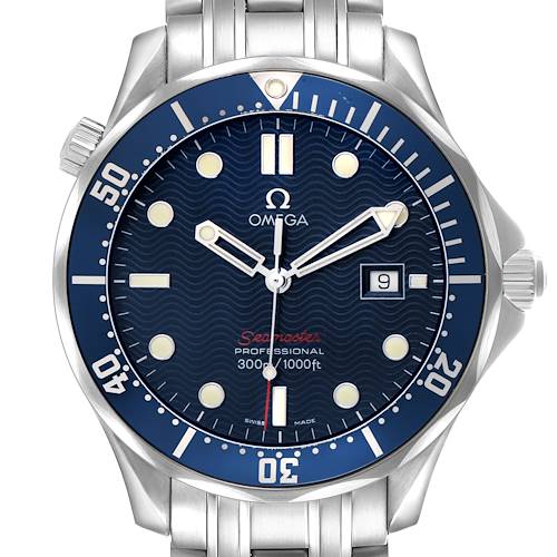 The image shows a front view of the Omega Seamaster 2221.80.00 Men's Stainless Steel Blue Dial watch, highlighting the dial, bezel, and bracelet.