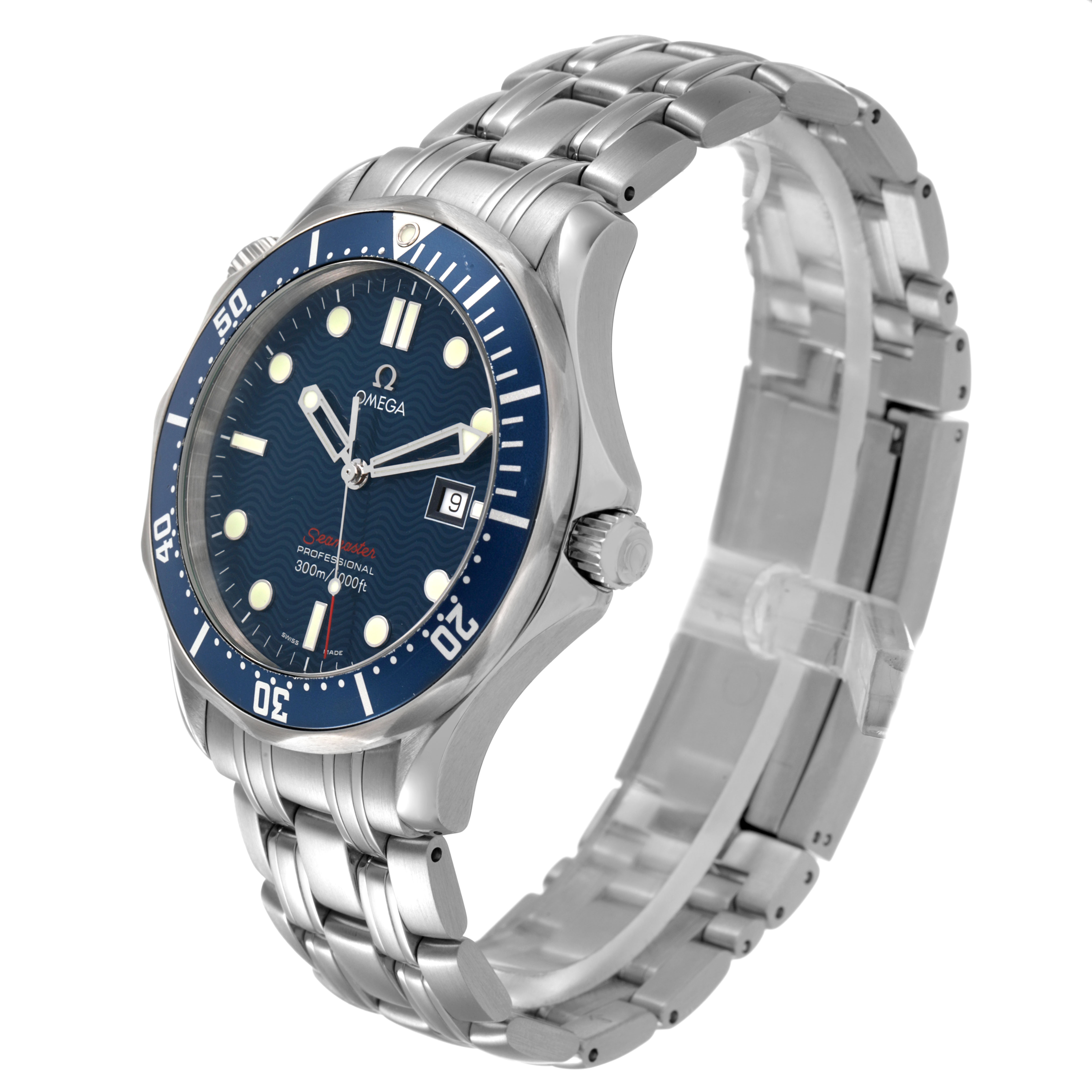 The Omega Seamaster 2221.80.00 Men's Stainless Steel Blue Dial watch is shown at a three-quarter angle, highlighting the face, bezel, crown, and metal bracelet.