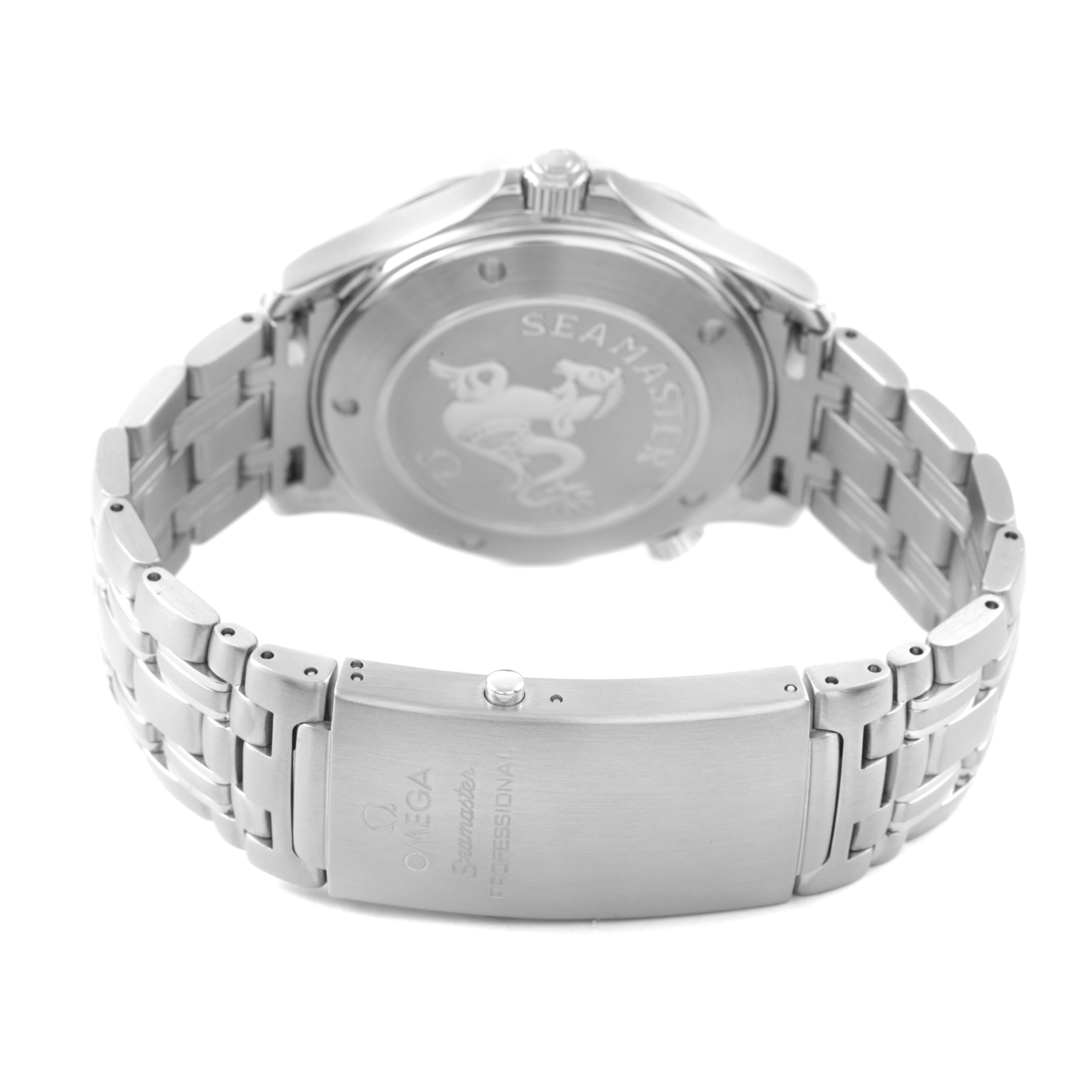 The image shows the back of the Omega Seamaster 2221.80.00 Men's Stainless Steel Blue Dial watch, highlighting the engraved case back and clasp of the bracelet.