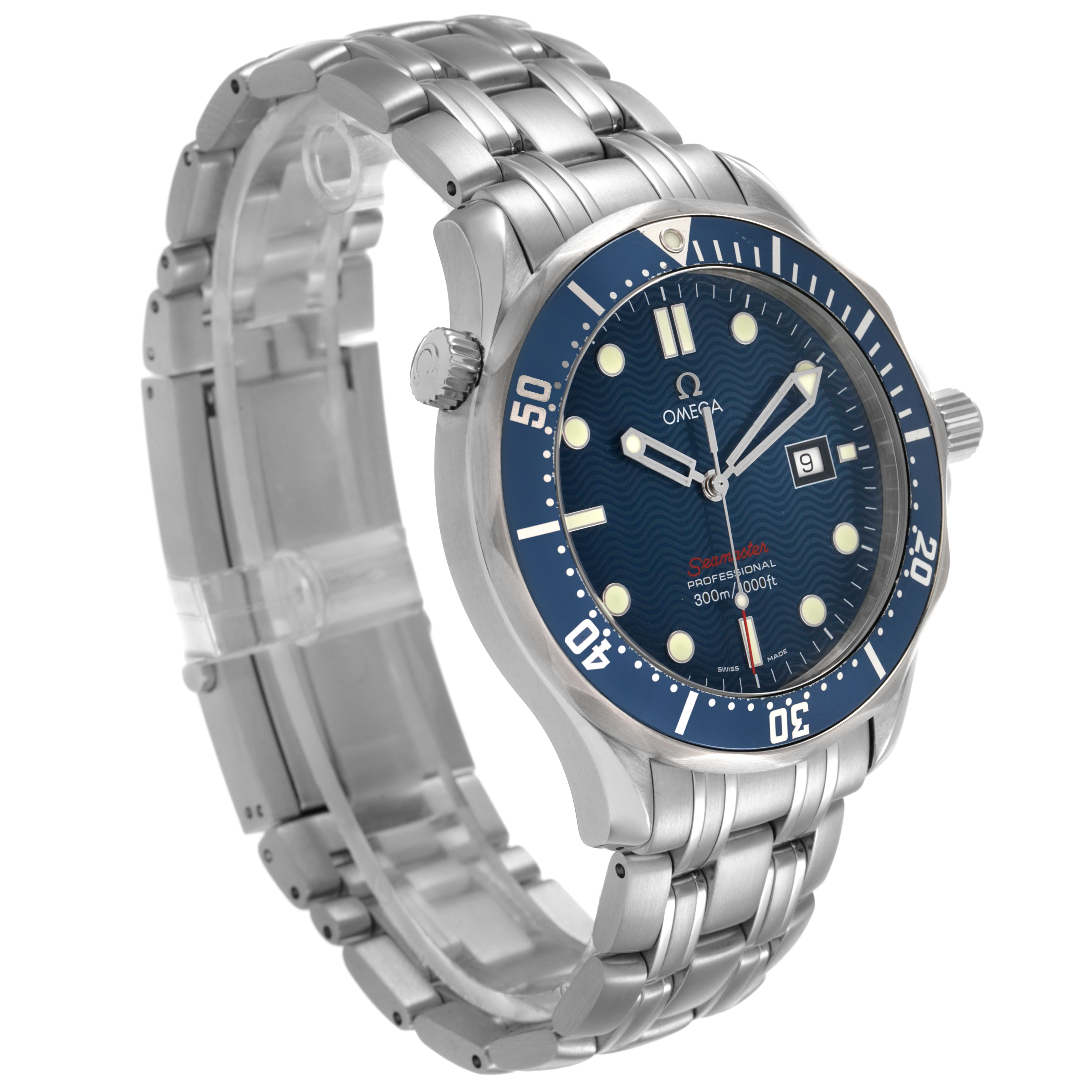 The Omega Seamaster 2221.80.00 Men's Stainless Steel Blue Dial watch is shown at a front-side angle, highlighting the blue dial, bezel, and stainless steel bracelet.