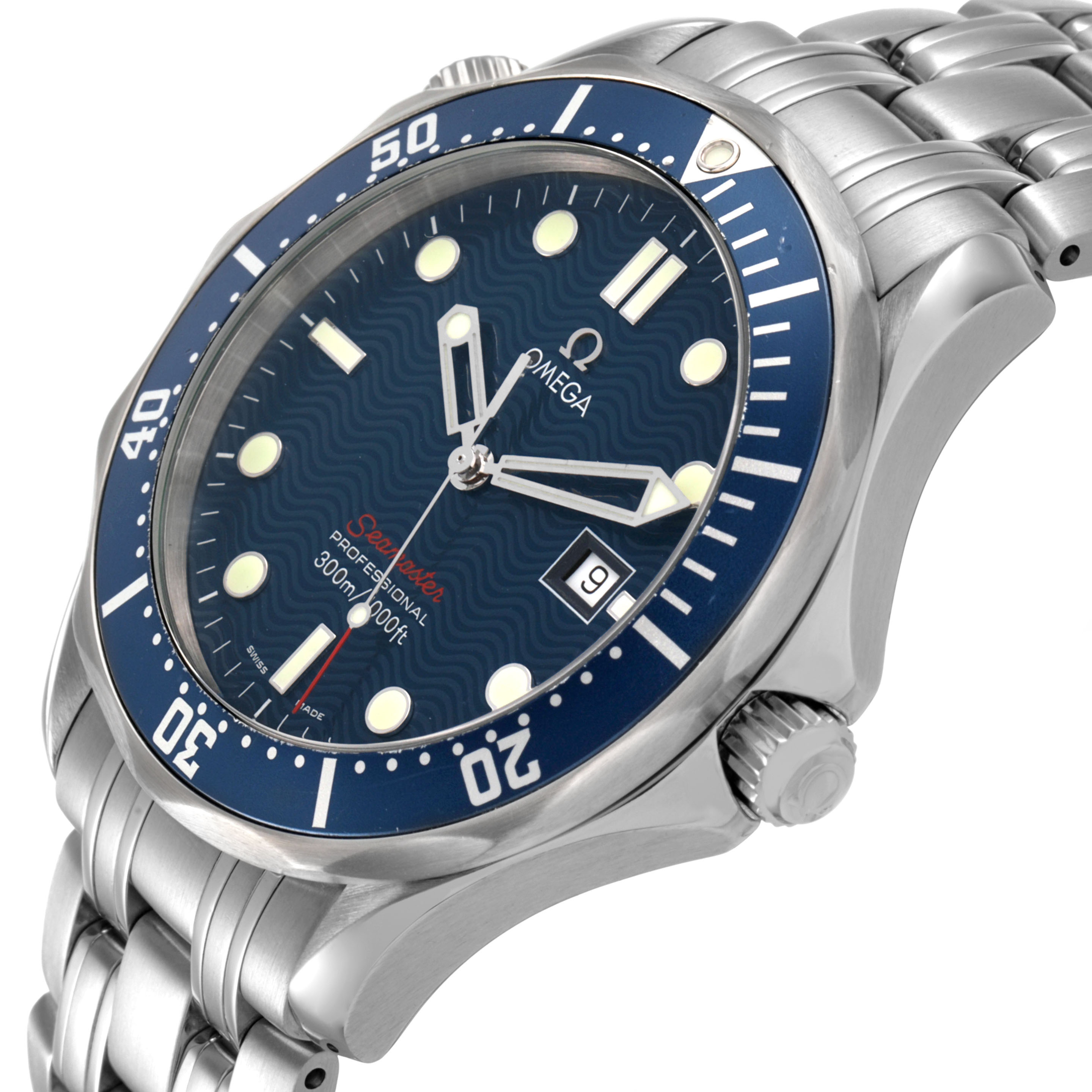 The Omega Seamaster 2221.80.00 Men's Stainless Steel Blue Dial watch is shown from a slight angle, displaying the bezel, dial, crown, and bracelet.