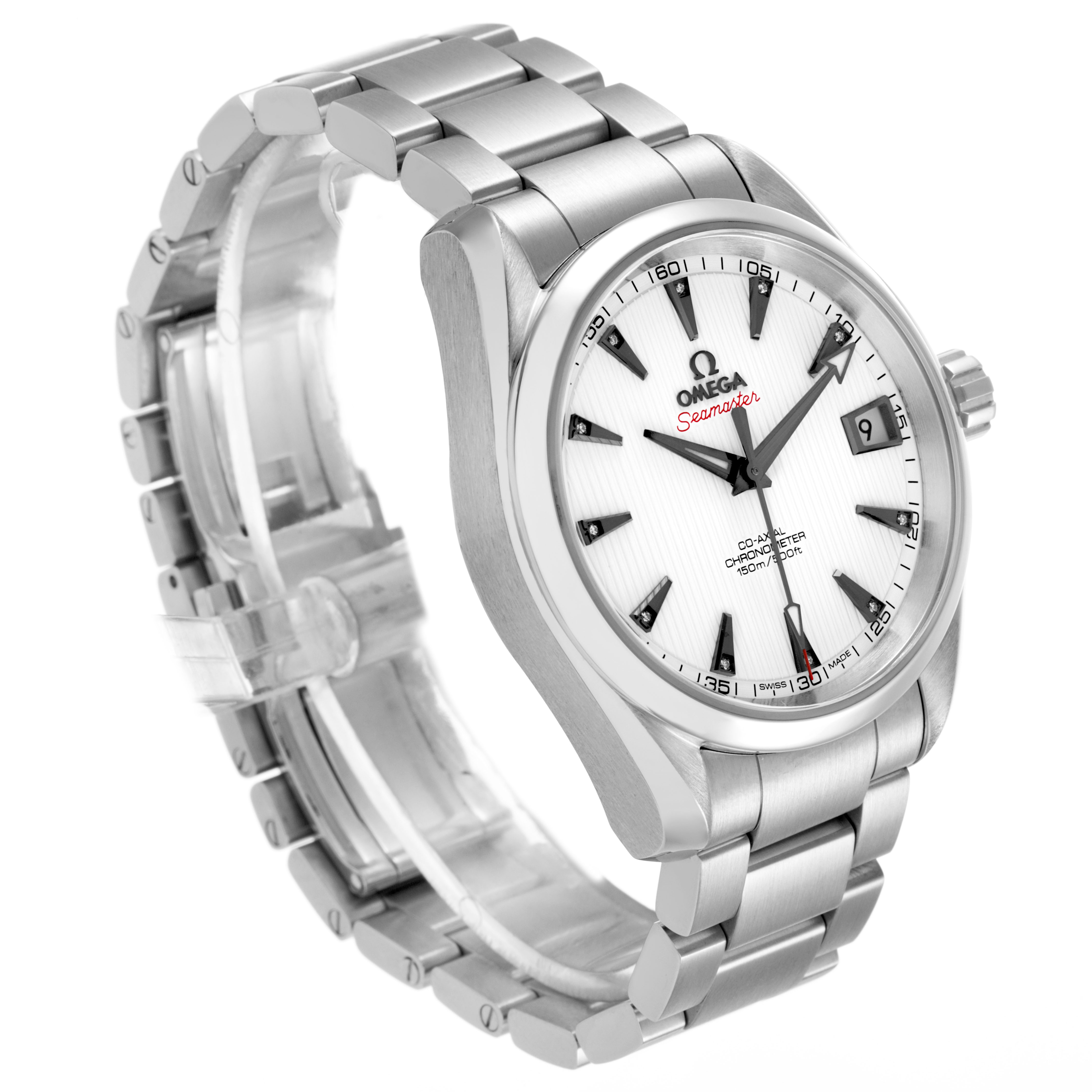 The Omega Seamaster 231.10.39.21.54.001 Men's Stainless Steel White Dial watch is shown at a three-quarter angle, highlighting the face, bezel, crown, and metal bracelet.
