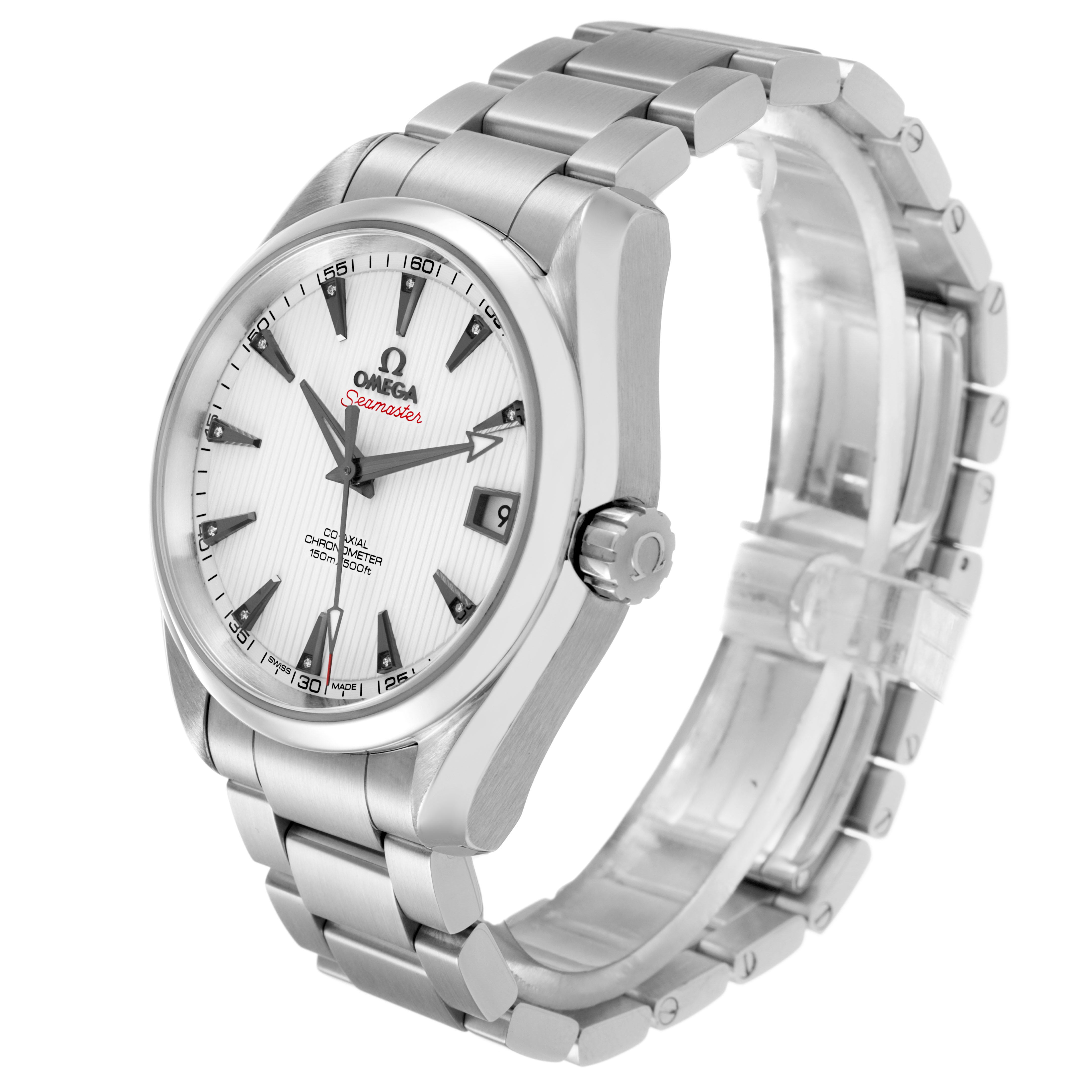 The Omega Seamaster 231.10.39.21.54.001 Men's Stainless Steel White Dial watch is shown at a slight angle from the front, displaying the dial, bezel, crown, and bracelet.