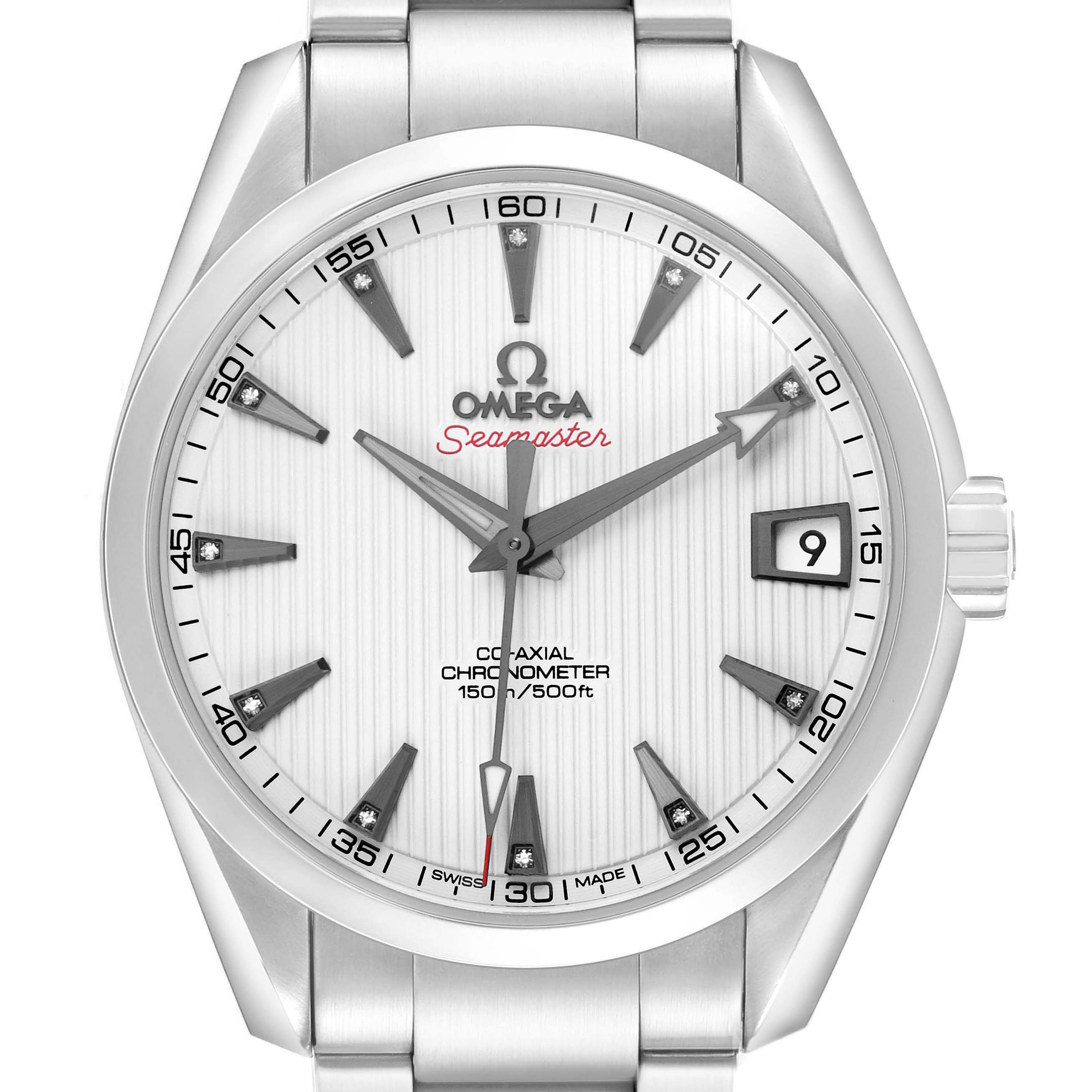 The Omega Seamaster 231.10.39.21.54.001 Men's Stainless Steel White Dial watch is shown from the front, displaying the dial, hands, indices, and date feature clearly.