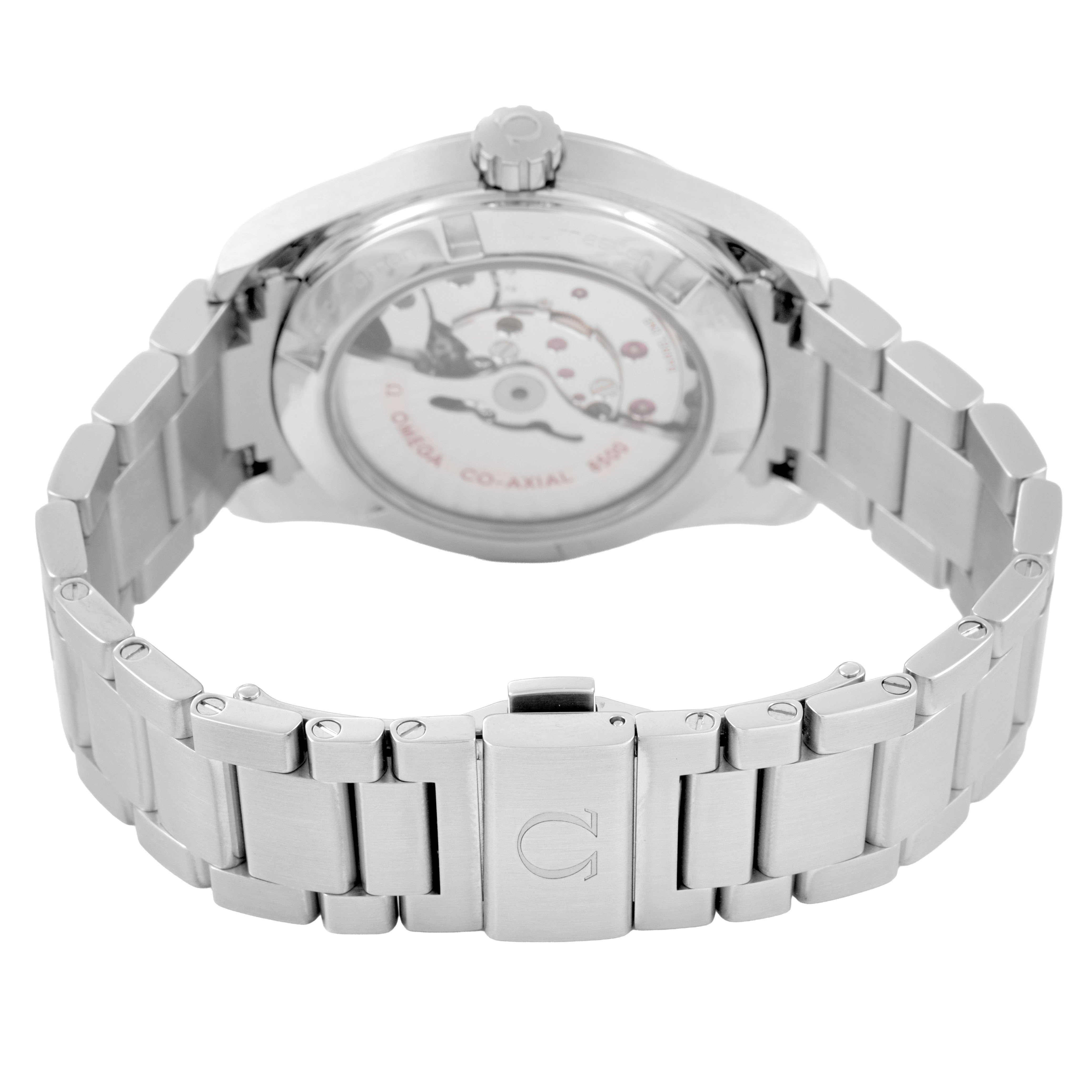 The Omega Seamaster 231.10.39.21.54.001 Men's Stainless Steel White Dial watch is shown from the back, displaying its transparent case back and metal bracelet with clasp.