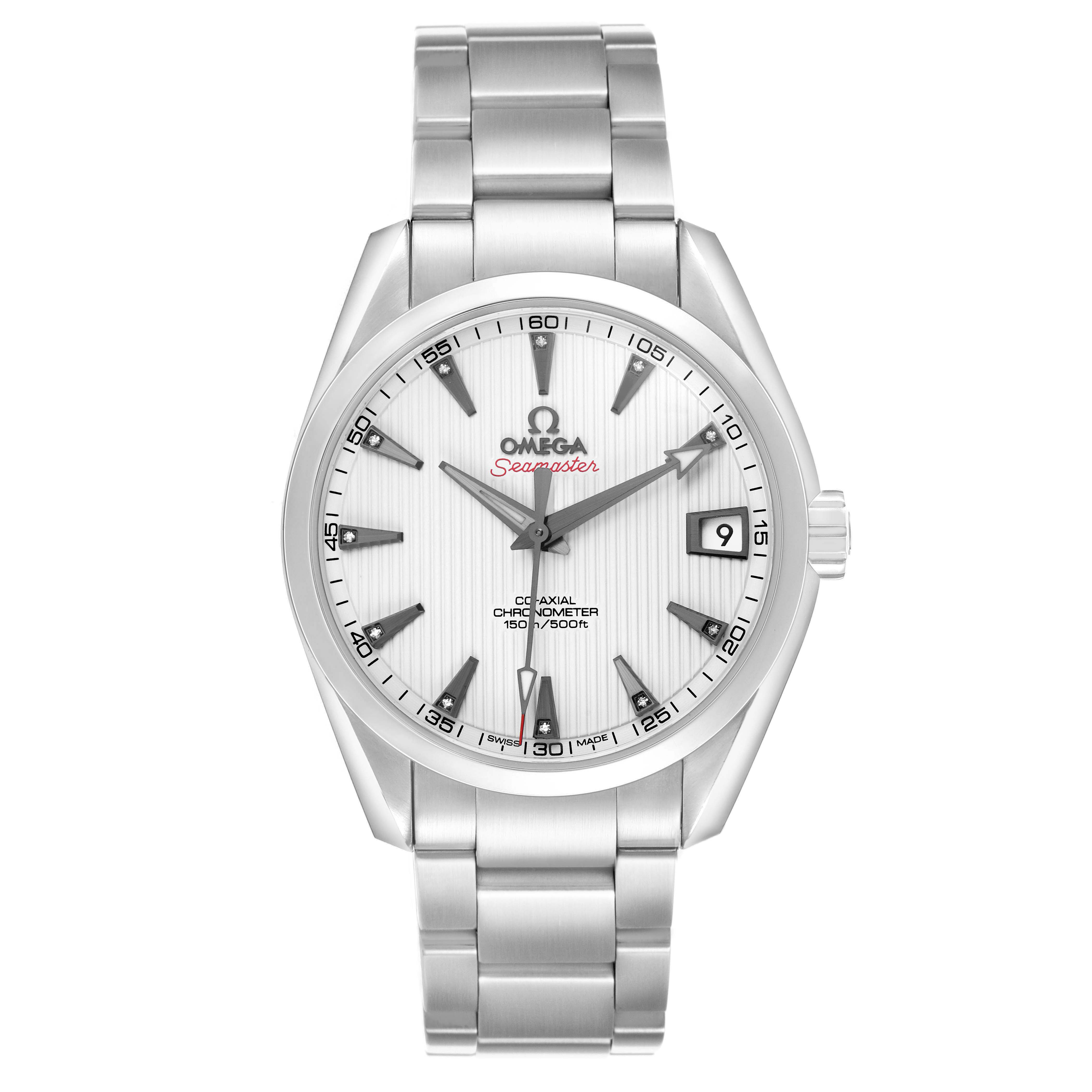 The Omega Seamaster 231.10.39.21.54.001 Men's Stainless Steel White Dial watch is shown from a front view, displaying the face, bezel, bracelet, and crown.
