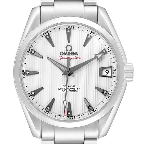 The Omega Seamaster 231.10.39.21.54.001 Men's Stainless Steel White Dial watch is shown from a front angle, highlighting the dial, index markers, date window, and crown.