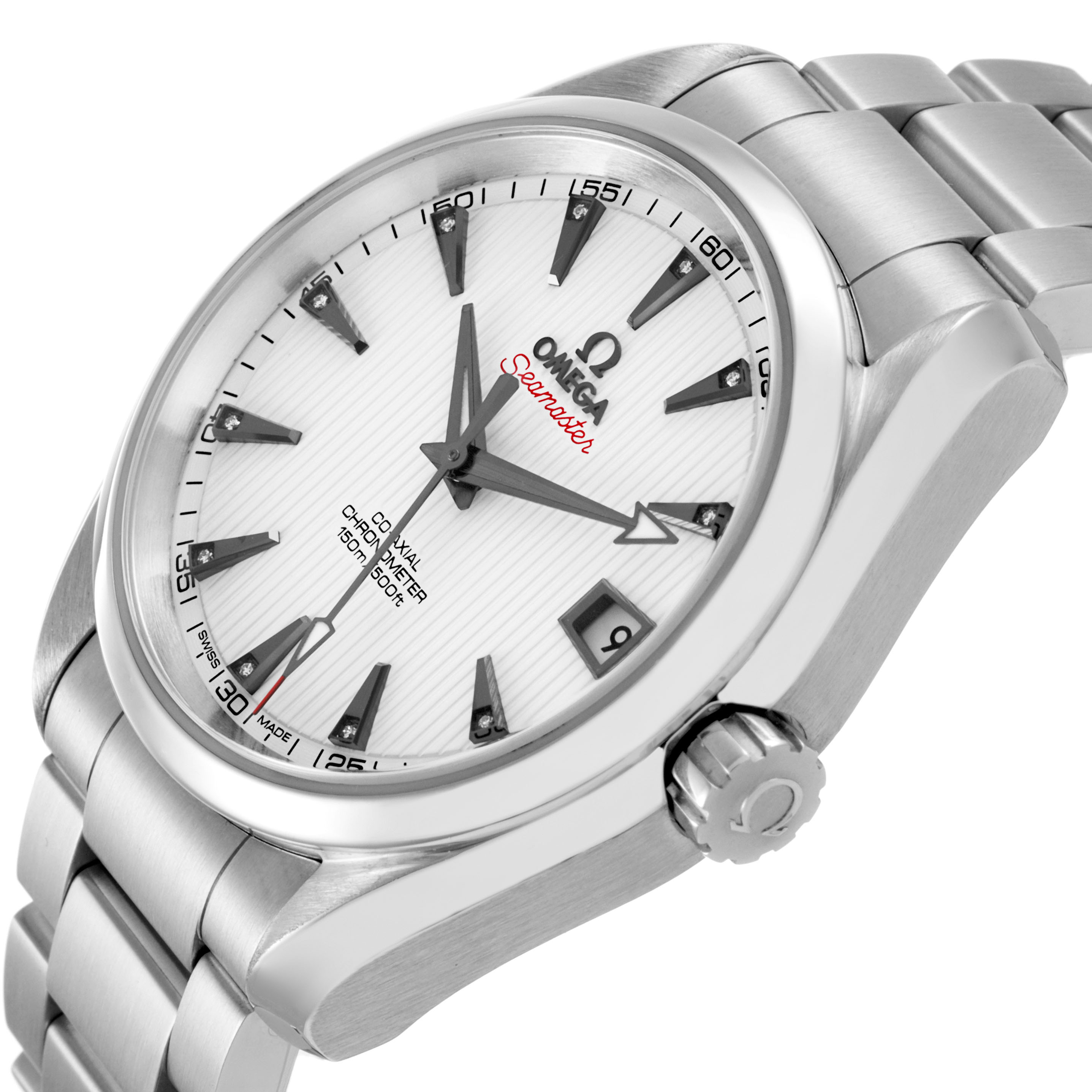 The Omega Seamaster 231.10.39.21.54.001 Men's Stainless Steel White Dial watch is shown at a three-quarter angle, highlighting the face, bezel, crown, and part of the bracelet.