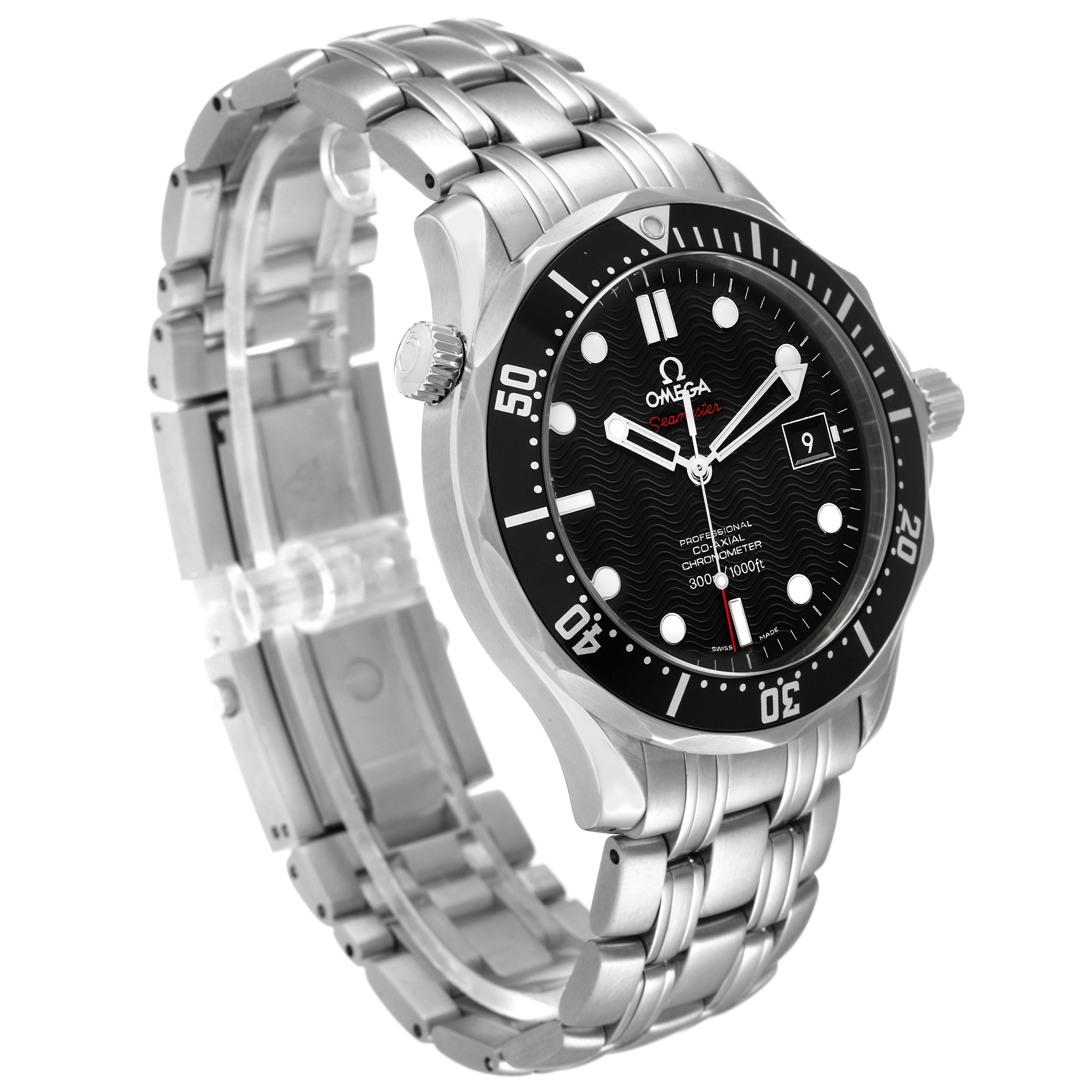 This image shows a side and front view of the Omega Seamaster 212.30.41.20.01.002 Men's Stainless Steel Black Dial 212.30.41.20.01.002 Men's Stainless Steel Black Dial watch, highlighting its black dial, bezel, and stainless steel bracelet.