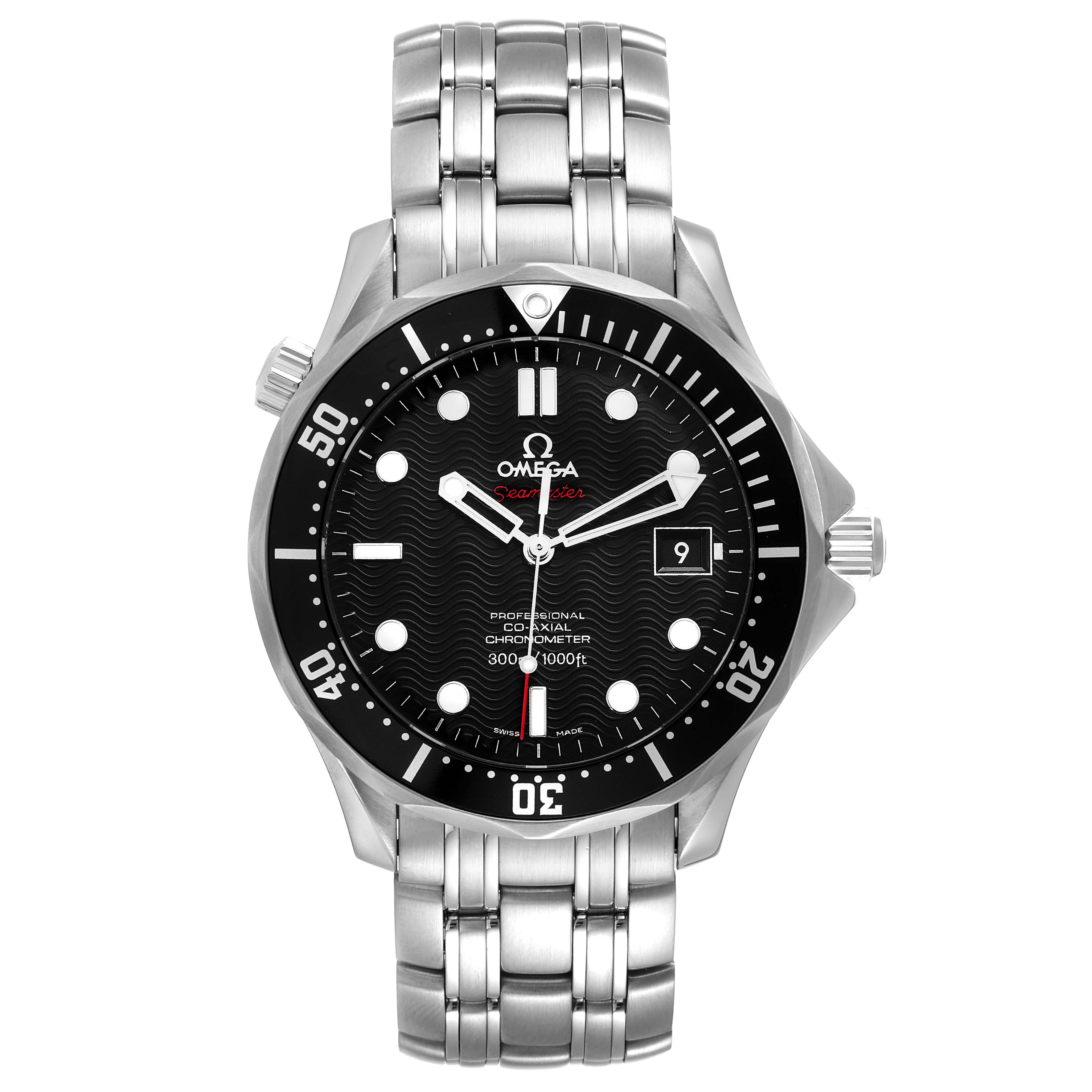 This is a frontal view of the Omega Seamaster 212.30.41.20.01.002 Men's Stainless Steel Black Dial 212.30.41.20.01.002 Men's Stainless Steel Black Dial watch, showcasing its face, bezel, crown, and metal bracelet.