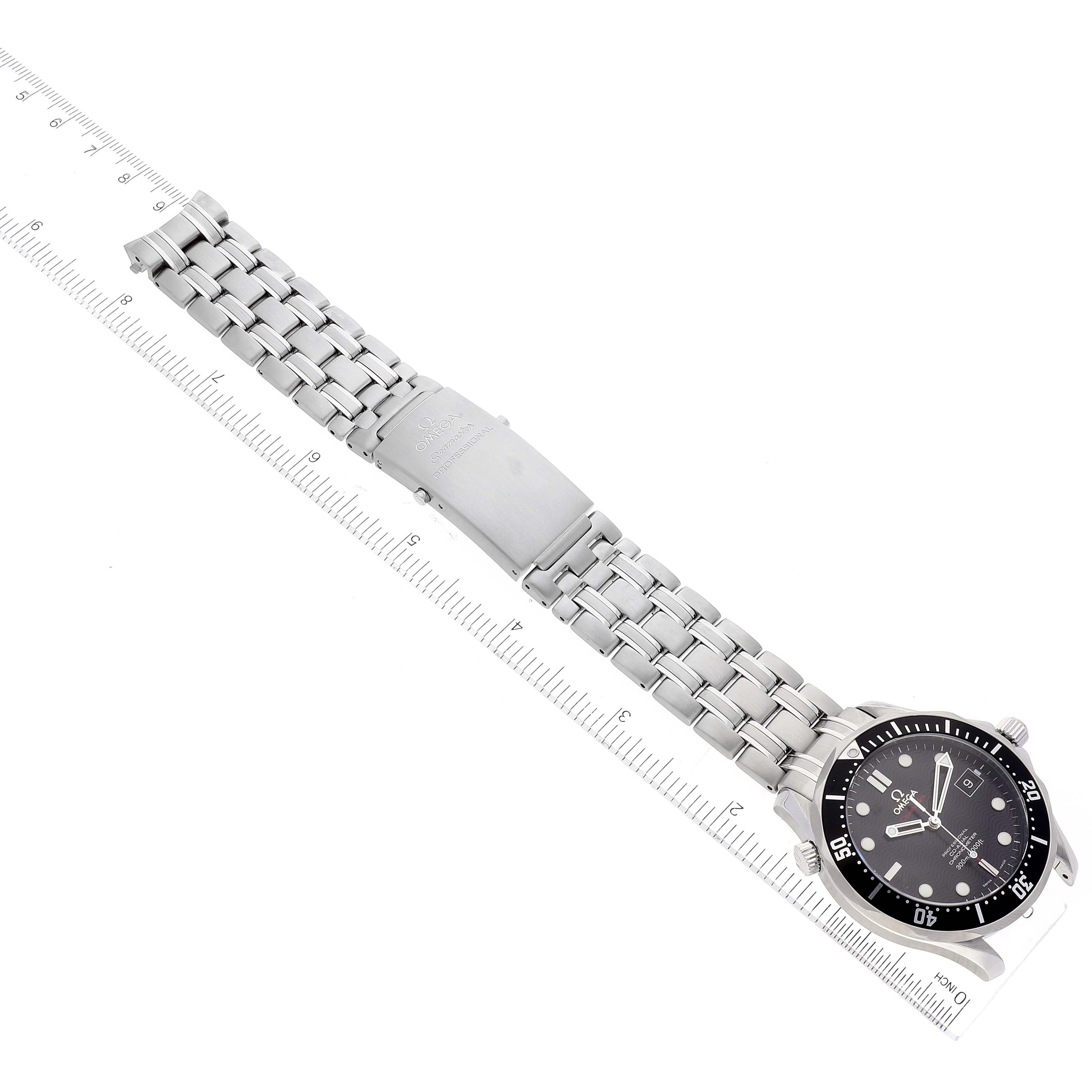 The image shows an Omega Seamaster 212.30.41.20.01.002 Men's Stainless Steel Black Dial 212.30.41.20.01.002 Men's Stainless Steel Black Dial watch from an overhead angle, displaying its full metal bracelet, clasp, and watch face.