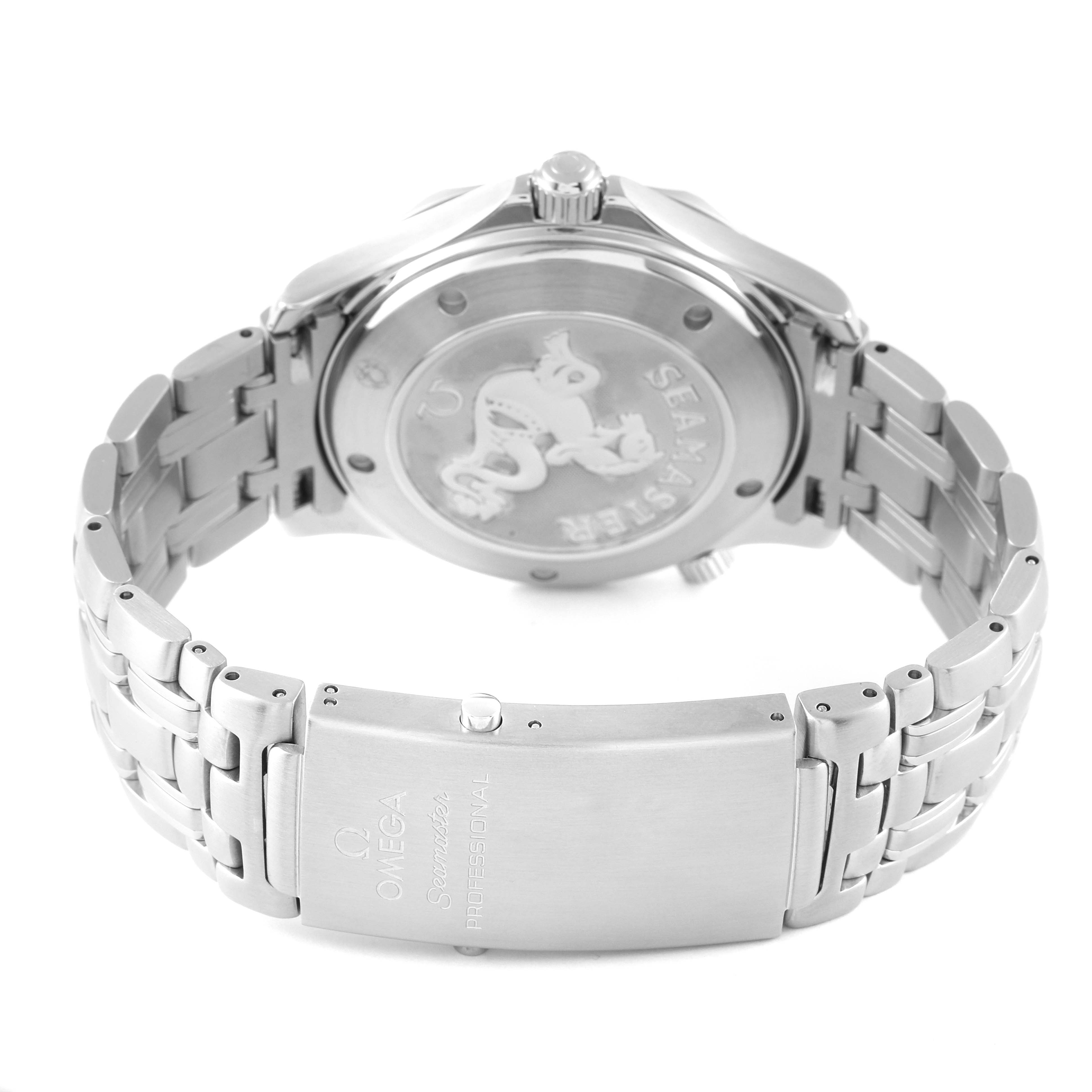 The image shows the back case and bracelet of the Omega Seamaster 212.30.41.20.01.002 Men's Stainless Steel Black Dial 212.30.41.20.01.002 Men's Stainless Steel Black Dial watch, highlighting the clasp and stainless steel band.