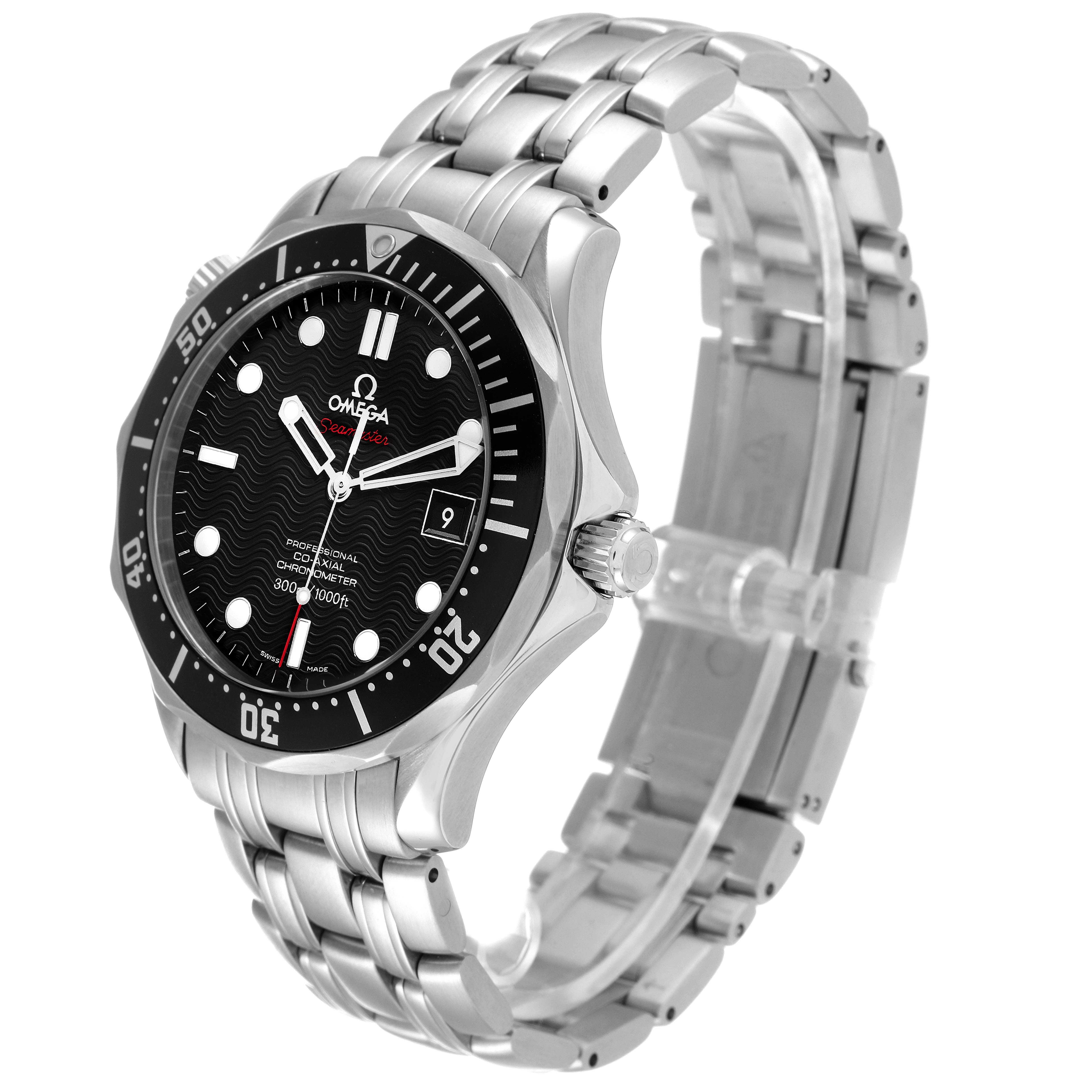 The image shows an Omega Seamaster 212.30.41.20.01.002 Men's Stainless Steel Black Dial 212.30.41.20.01.002 Men's Stainless Steel Black Dial watch angled to highlight the dial, bezel, crown, and stainless steel bracelet.