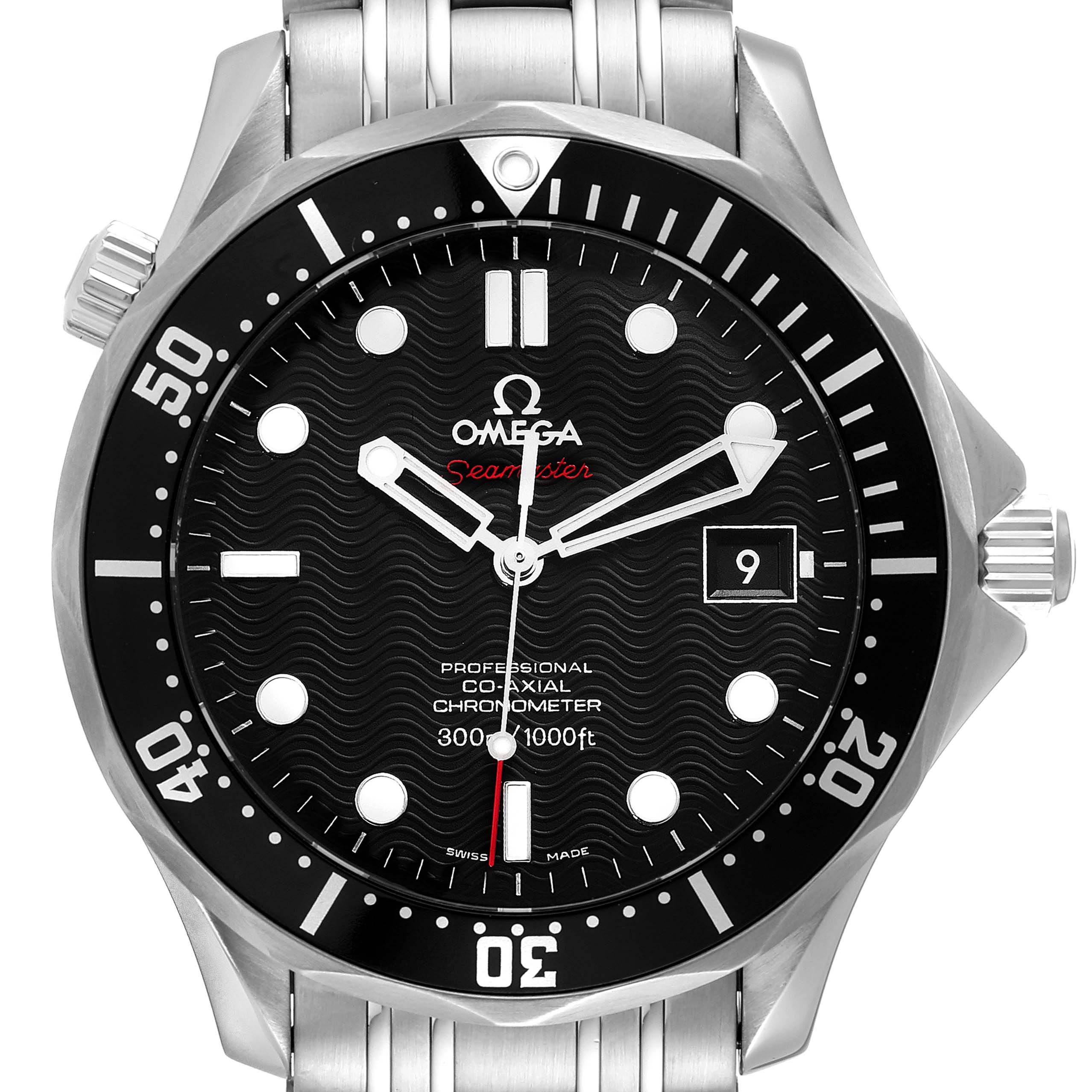 The Omega Seamaster 212.30.41.20.01.002 Men's Stainless Steel Black Dial 212.30.41.20.01.002 Men's Stainless Steel Black Dial watch is shown from a front angle, highlighting its dial, bezel, crown, and partially visible bracelet.