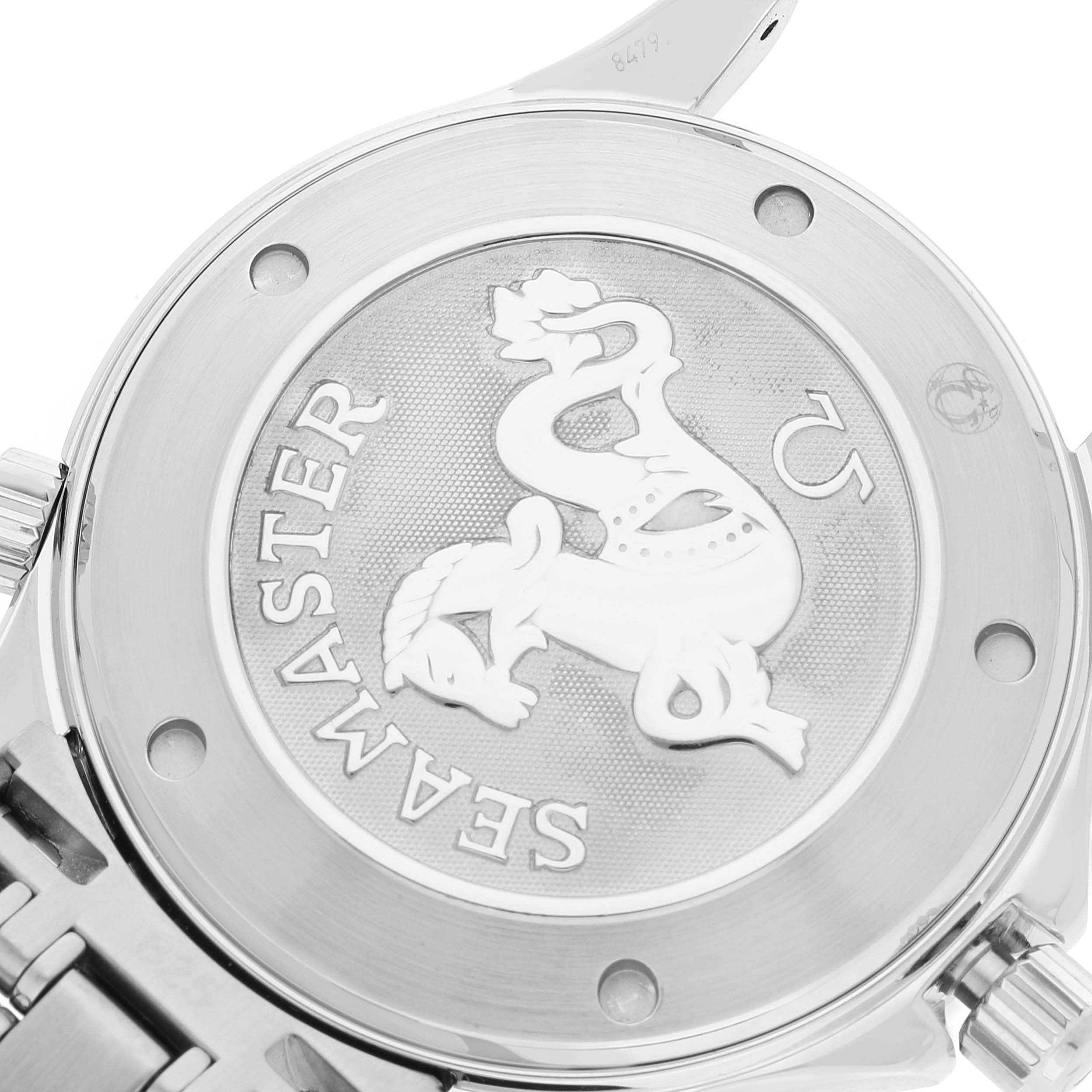 The image shows the case back of an Omega Seamaster 212.30.41.20.01.002 Men's Stainless Steel Black Dial 212.30.41.20.01.002 Men's Stainless Steel Black Dial watch, displaying its engraved emblem and branding.