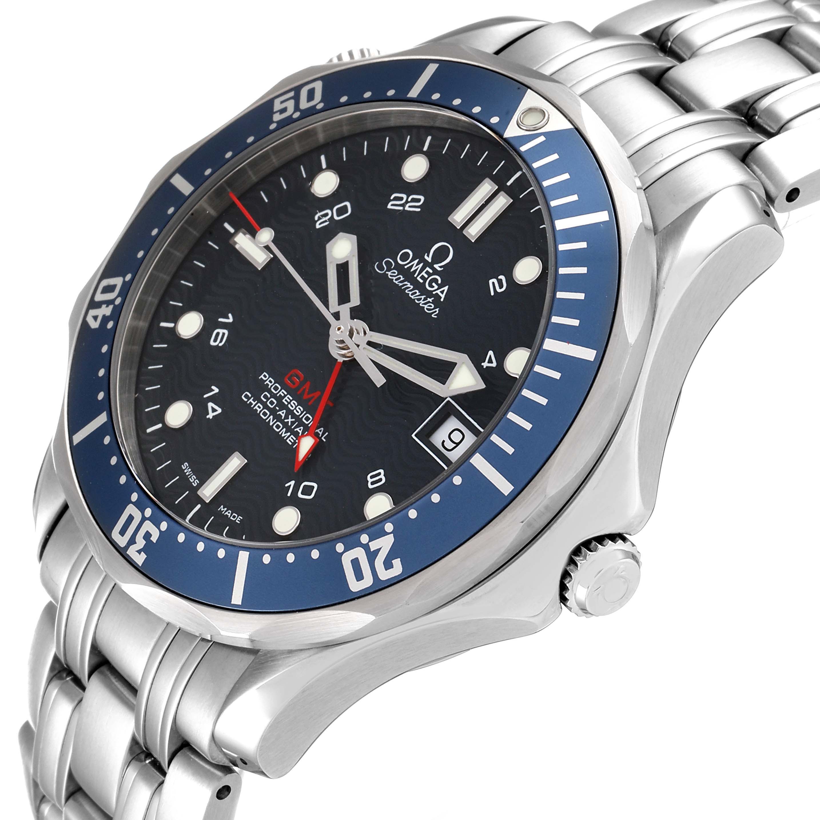 The Omega Seamaster 2535.80.00 Men's Stainless Steel Blue Dial 2535.80.00 Men's Stainless Steel Blue Dial watch is shown at a three-quarter angle, highlighting the dial, bezel, case, and part of the bracelet.
