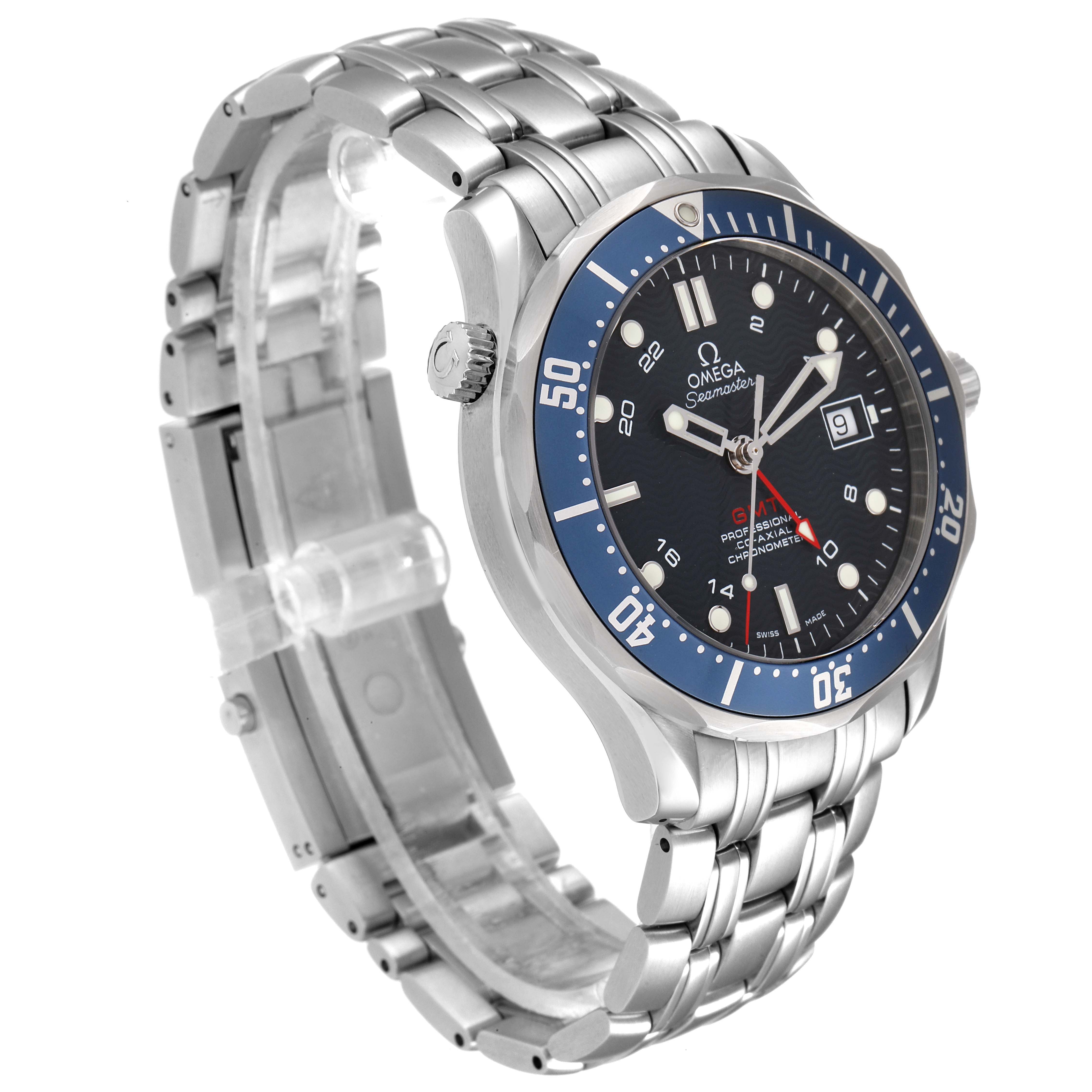 The image shows a side angle of the Omega Seamaster 2535.80.00 Men's Stainless Steel Blue Dial 2535.80.00 Men's Stainless Steel Blue Dial watch, highlighting the dial, bezel, crown, and part of the bracelet.