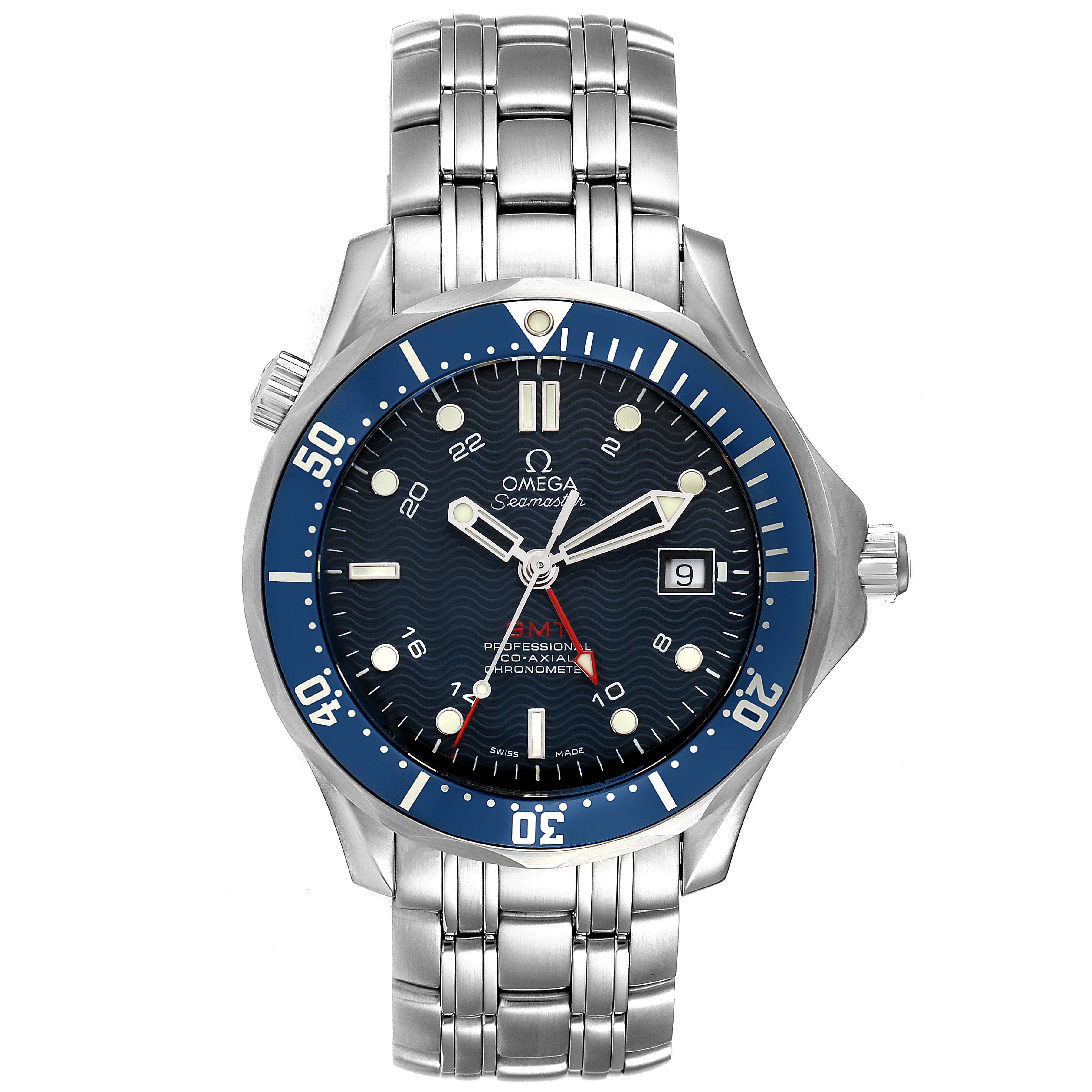 The image shows a front view of the Omega Seamaster 2535.80.00 Men's Stainless Steel Blue Dial 2535.80.00 Men's Stainless Steel Blue Dial watch, highlighting its dial, bezel, crown, and stainless steel bracelet.