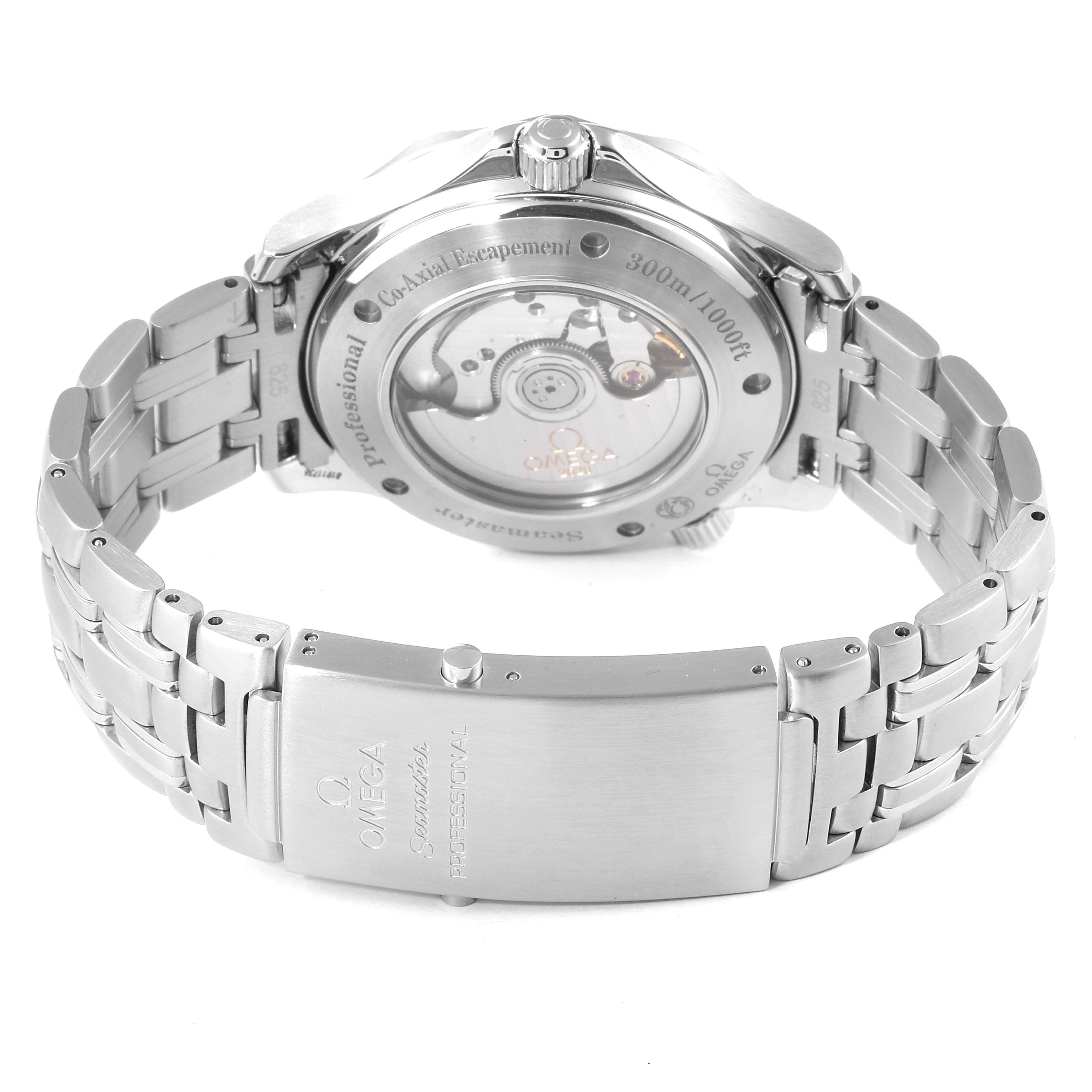 The image shows the back view of the Omega Seamaster 2535.80.00 Men's Stainless Steel Blue Dial 2535.80.00 Men's Stainless Steel Blue Dial watch, highlighting its bracelet, clasp, and transparent case back.