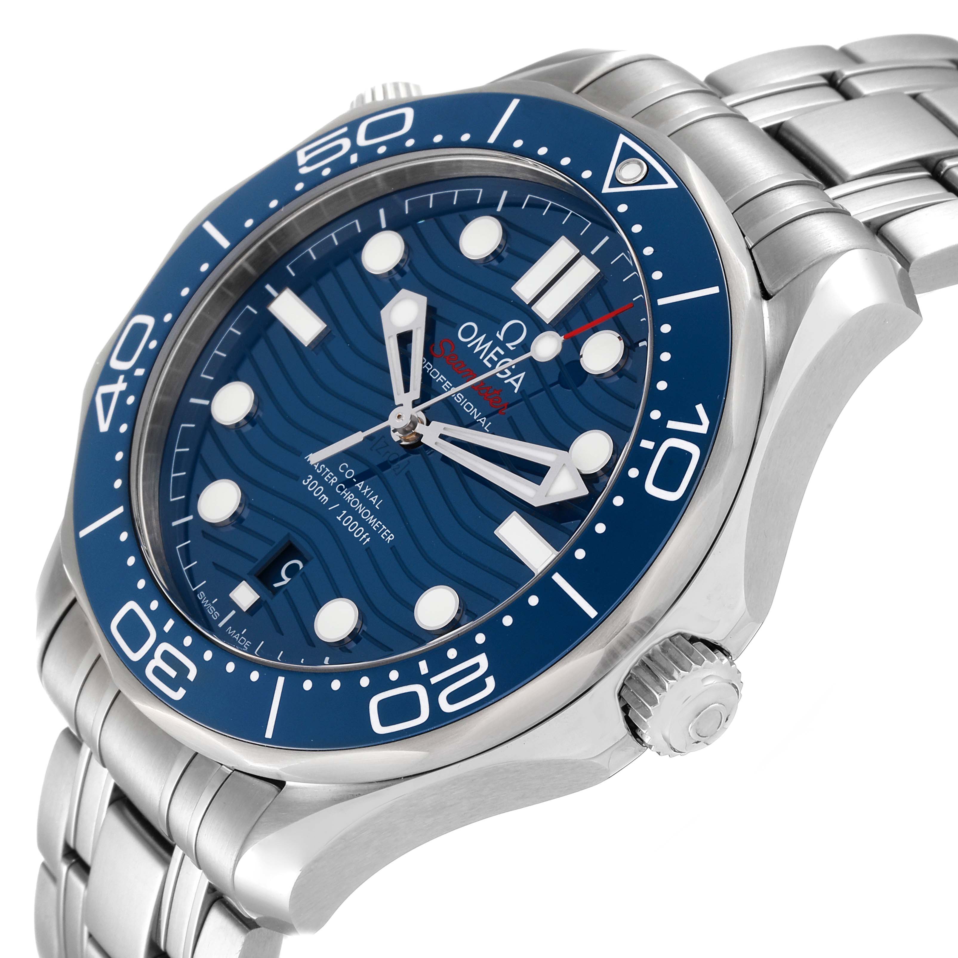 The image shows an angled side view of the Omega Seamaster 210.30.42.20.03.001 Men's Stainless Steel Blue Dial 210.30.42.20.03.001 Men's Stainless Steel Blue Dial, highlighting its dial, bezel, crown, and bracelet.