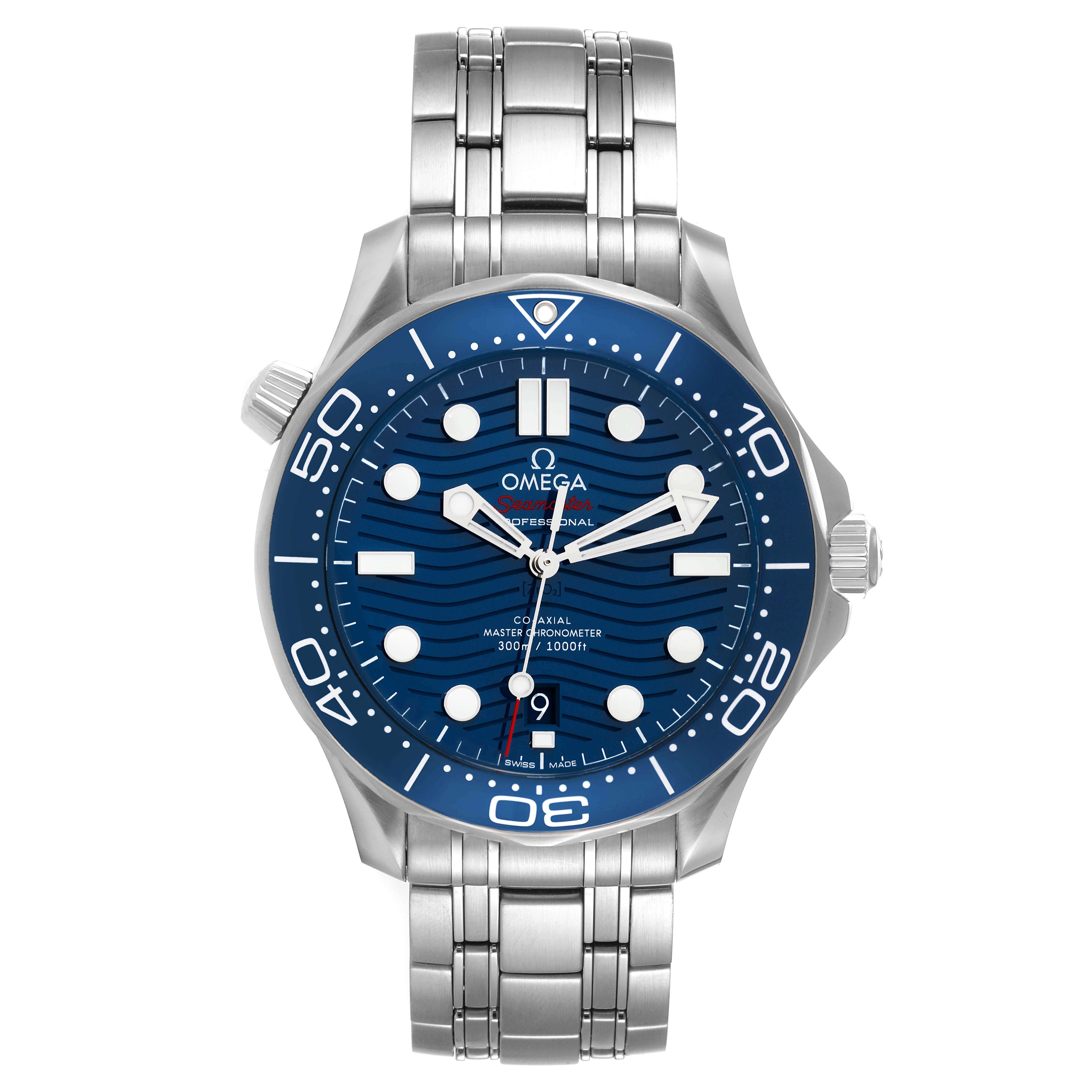 The image shows a front view of the Omega Seamaster 210.30.42.20.03.001 Men's Stainless Steel Blue Dial 210.30.42.20.03.001 Men's Stainless Steel Blue Dial watch, highlighting its blue dial, stainless steel case, and bracelet.