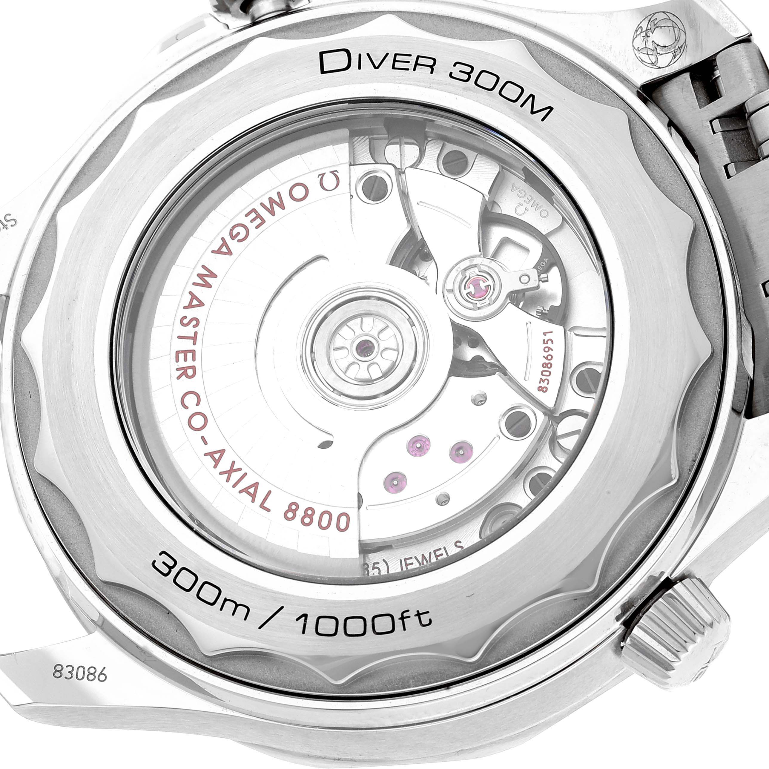 The image shows the back view of the Omega Seamaster 210.30.42.20.03.001 Men's Stainless Steel Blue Dial 210.30.42.20.03.001 Men's Stainless Steel Blue Dial Diver 300M, revealing the movement and case back details.