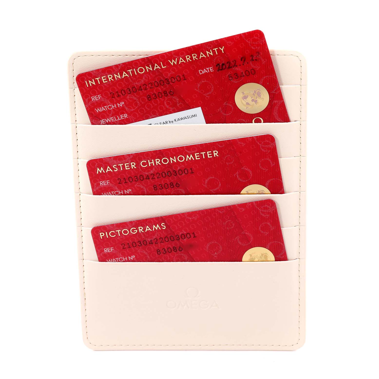 The image shows warranty and authenticity cards for the Omega Seamaster 210.30.42.20.03.001 Men's Stainless Steel Blue Dial 210.30.42.20.03.001 Men's Stainless Steel Blue Dial model, placed in a beige cardholder.