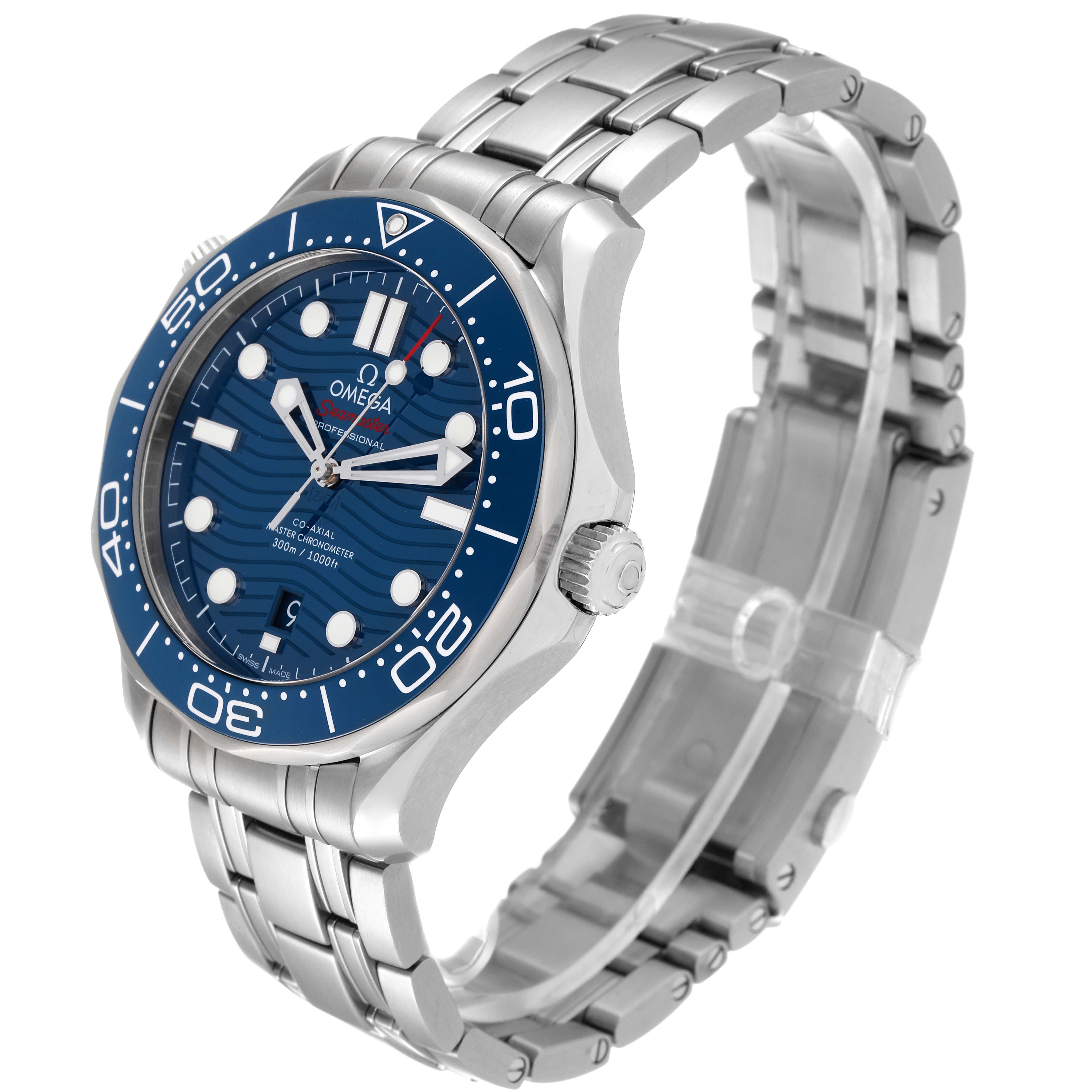 The image shows an angled view of the Omega Seamaster 210.30.42.20.03.001 Men's Stainless Steel Blue Dial 210.30.42.20.03.001 Men's Stainless Steel Blue Dial watch, highlighting its blue dial, bezel, and stainless steel bracelet.