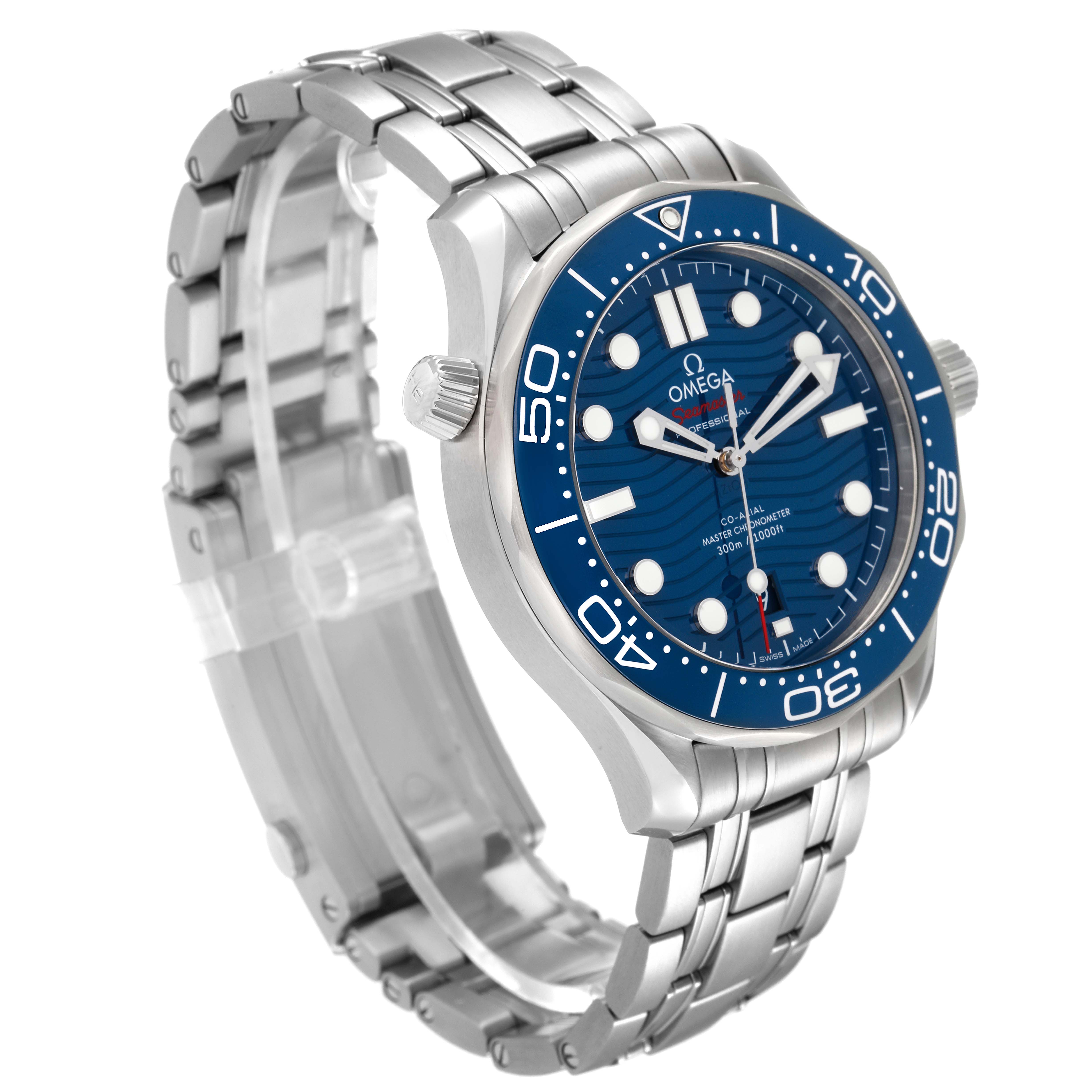 The Omega Seamaster 210.30.42.20.03.001 Men's Stainless Steel Blue Dial 210.30.42.20.03.001 Men's Stainless Steel Blue Dial watch is shown at a slight angle, highlighting the blue dial, bezel, and stainless steel bracelet.