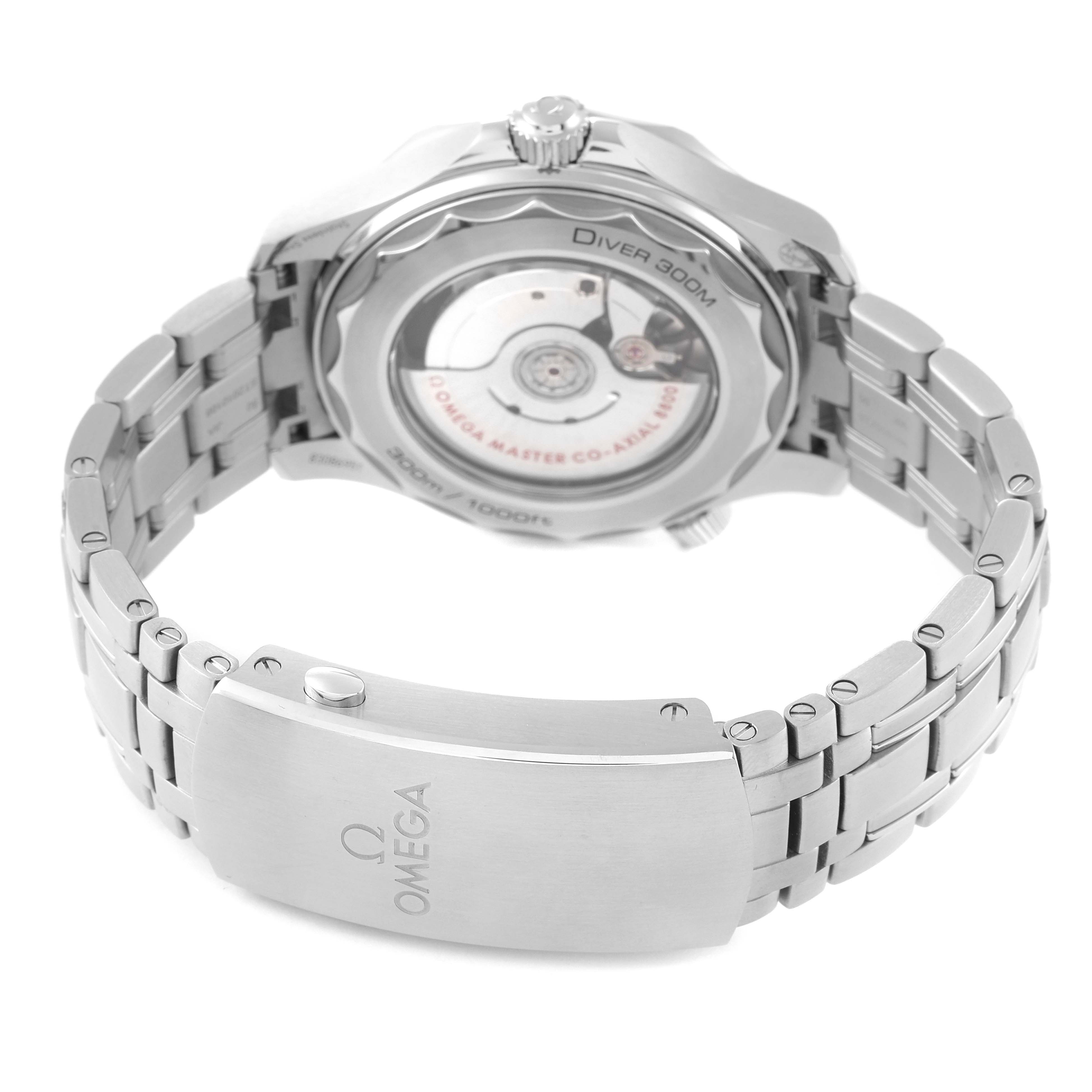 The image shows the back view of an Omega Seamaster 210.30.42.20.03.001 Men's Stainless Steel Blue Dial 210.30.42.20.03.001 Men's Stainless Steel Blue Dial watch, highlighting the clasp, bracelet, and transparent case back.