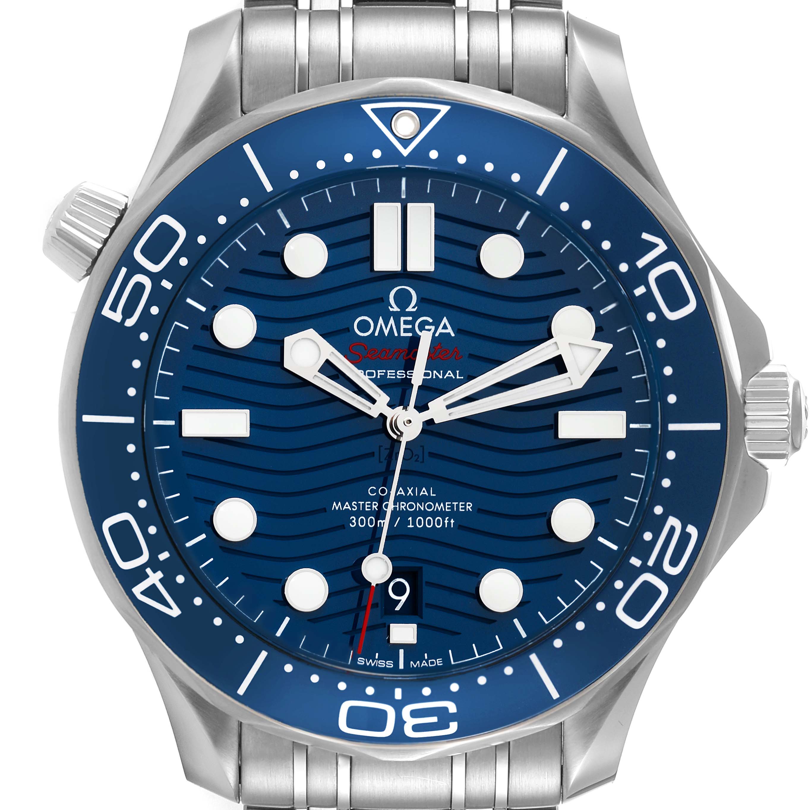 The image shows a front view of the Omega Seamaster 210.30.42.20.03.001 Men's Stainless Steel Blue Dial 210.30.42.20.03.001 Men's Stainless Steel Blue Dial watch, highlighting the dial, bezel, hands, markers, and part of the bracelet.