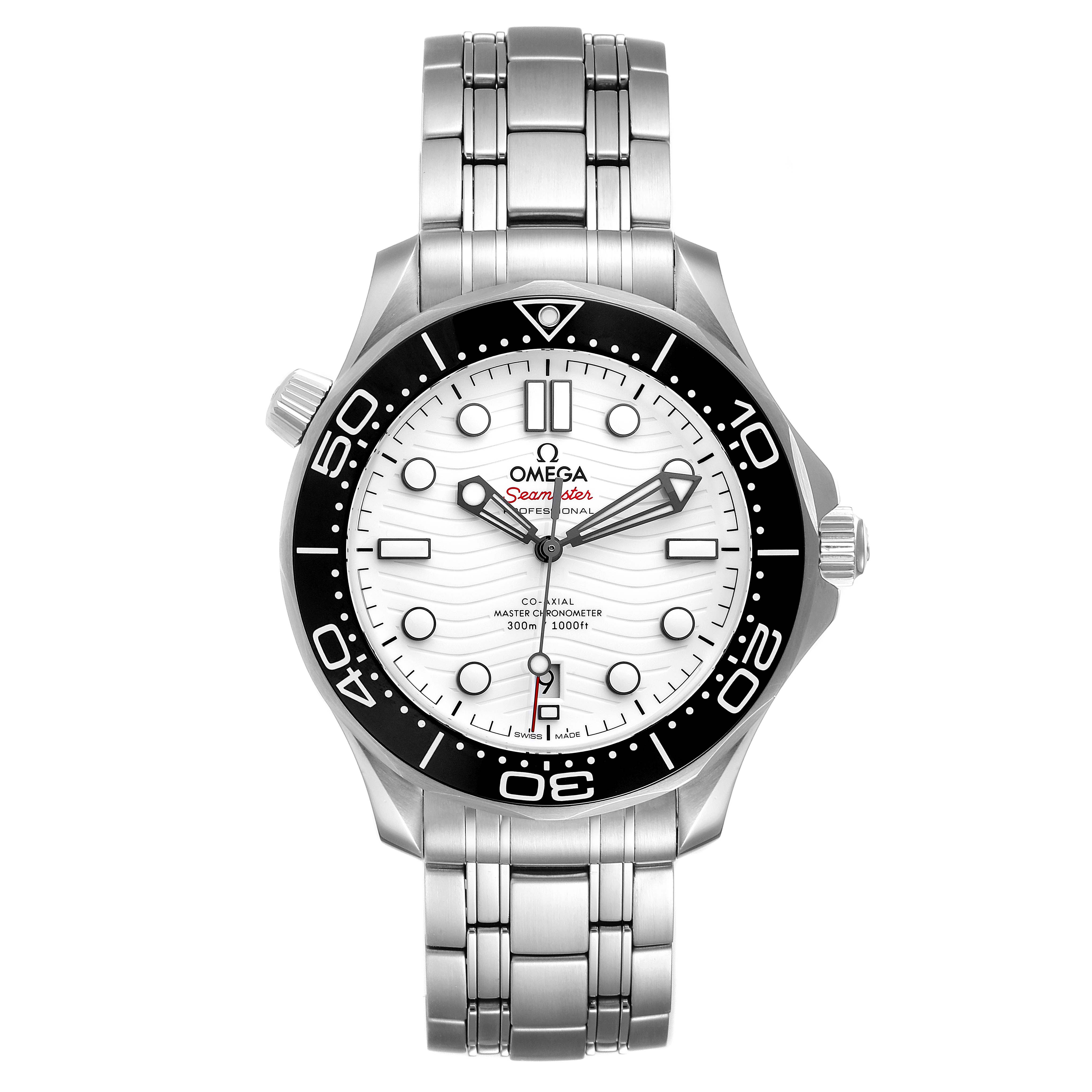 The image shows a front view of an Omega Seamaster 210.30.42.20.04.001 Men's Stainless Steel White Dial 210.30.42.20.04.001 Men's Stainless Steel White Dial watch, highlighting its face, bezel, crown, and metal bracelet.