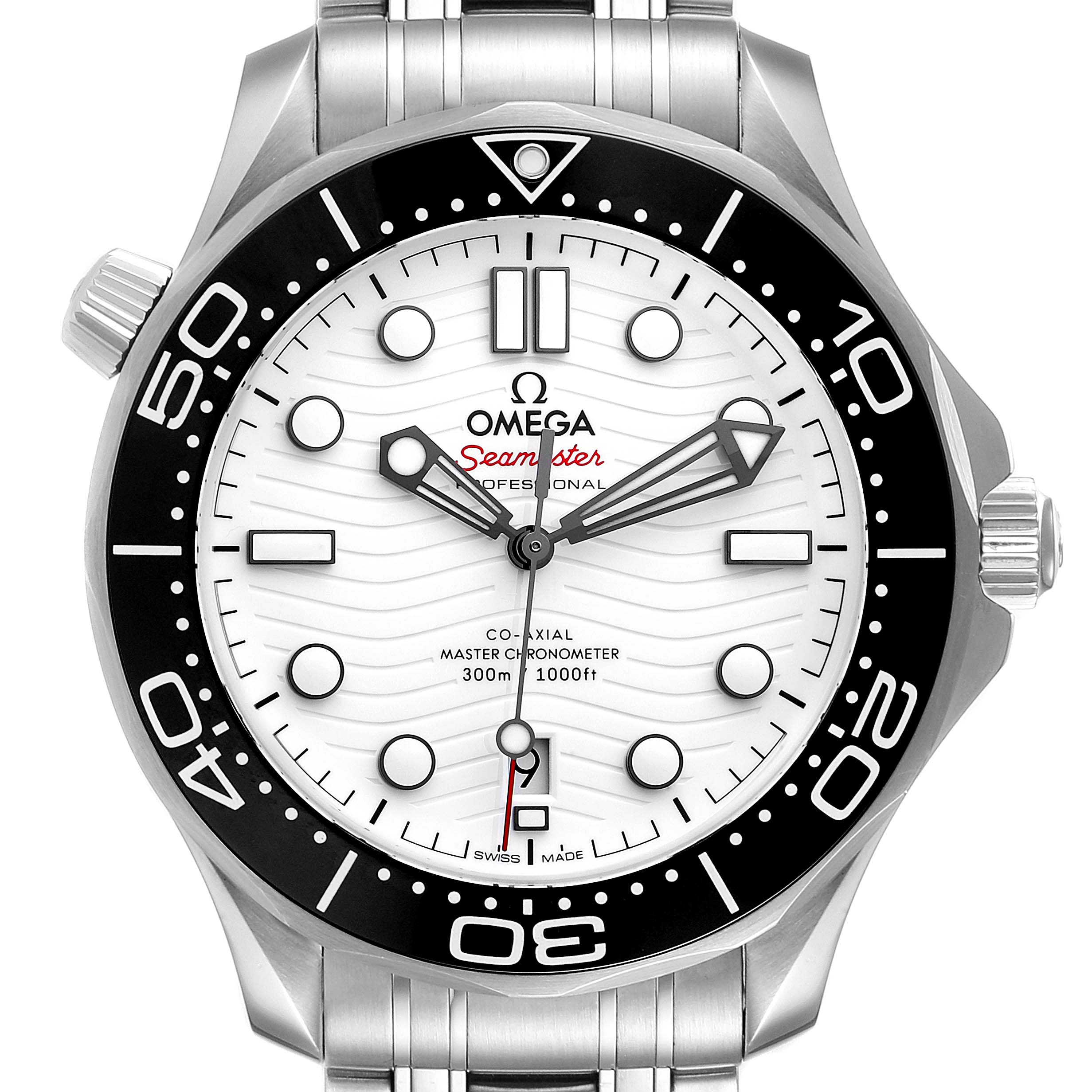 The image shows a front view of the Omega Seamaster 210.30.42.20.04.001 Men's Stainless Steel White Dial 210.30.42.20.04.001 Men's Stainless Steel White Dial watch, highlighting its white dial, black bezel, and stainless steel bracelet.